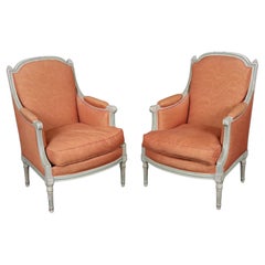 Superb Pair of Paint Decorated Louis XVI Style Bergere Chairs Goose Down Cushion
