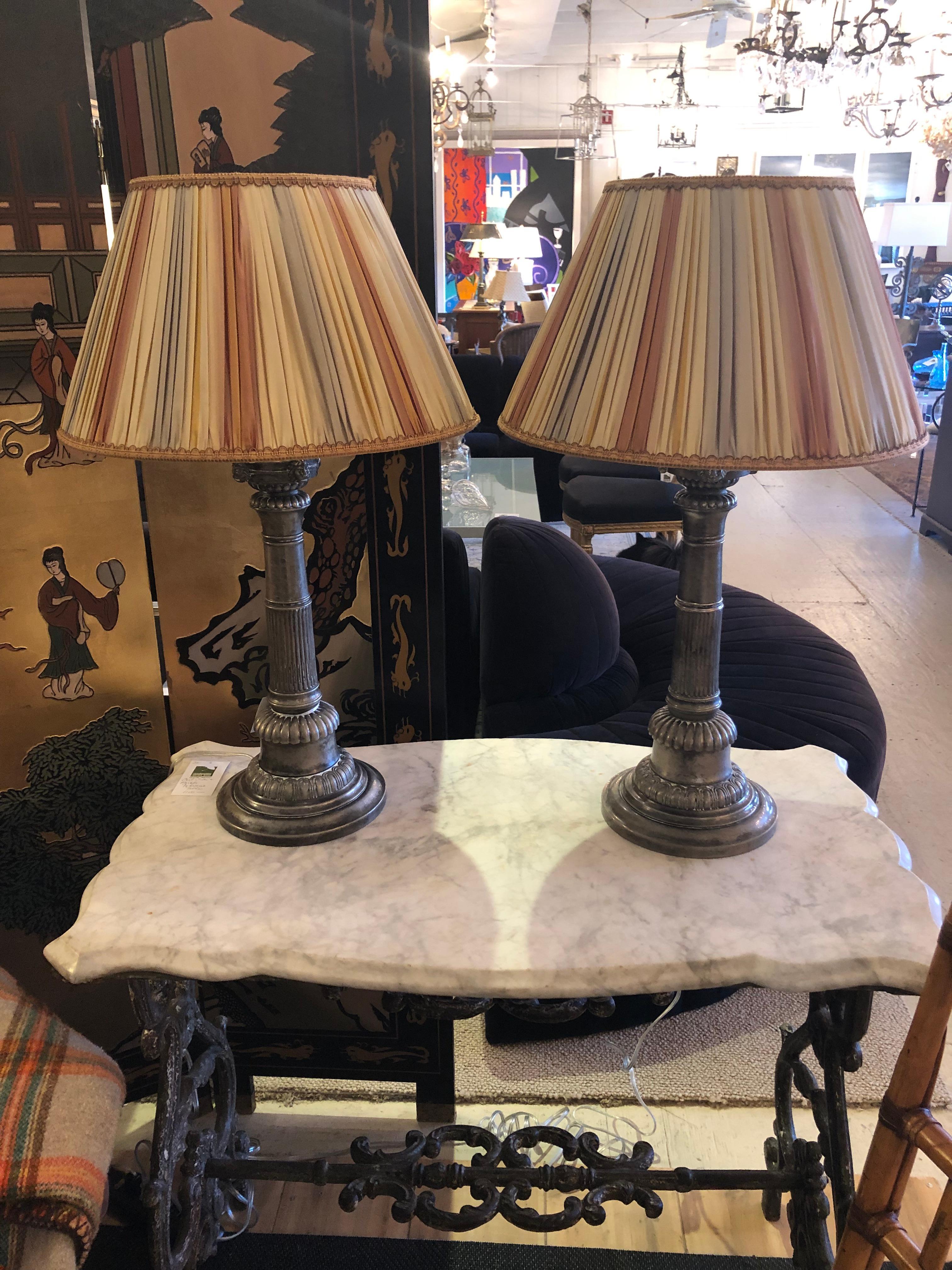 Superb Pair of Pewter Corinthian Column Neoclassical Table Lamps  In Good Condition For Sale In Hopewell, NJ