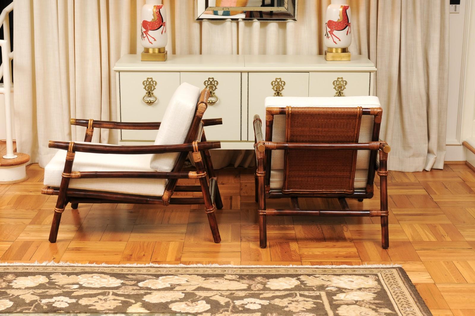 Superbe paire de fauteuils de salon en rotin, canne et laiton de John Wisner pour Ficks Reed en vente 4