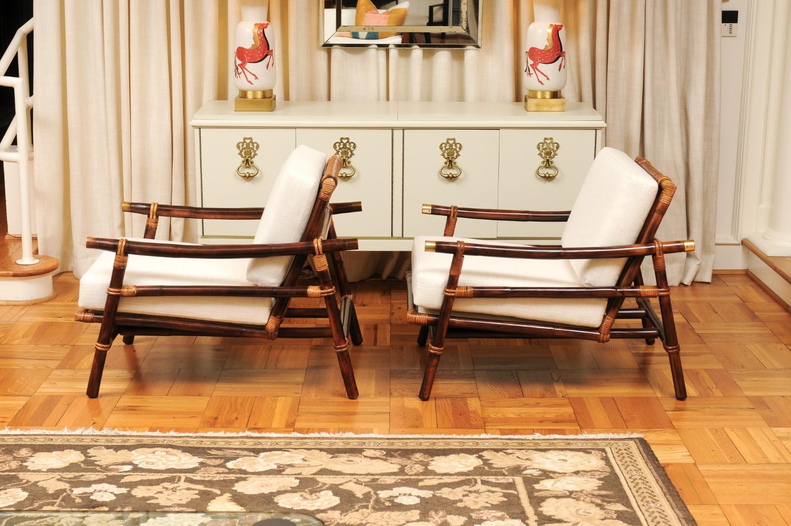 Superbe paire de fauteuils de salon en rotin, canne et laiton de John Wisner pour Ficks Reed en vente 5