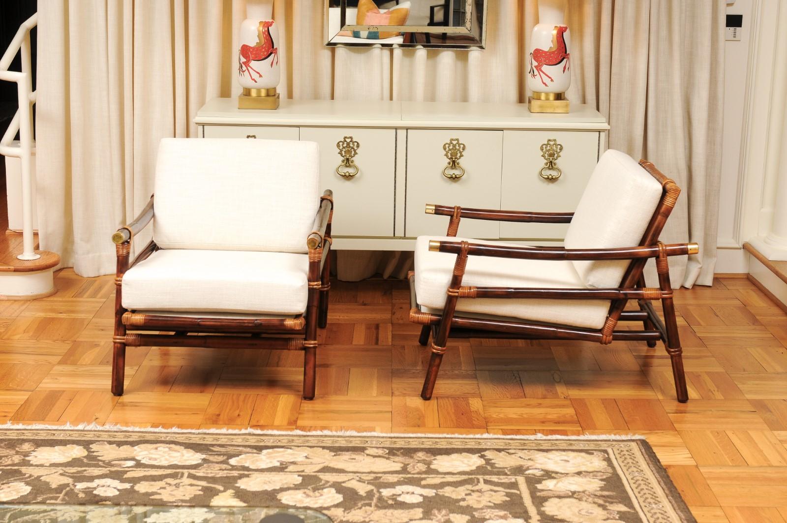 Superbe paire de fauteuils de salon en rotin, canne et laiton de John Wisner pour Ficks Reed en vente 6