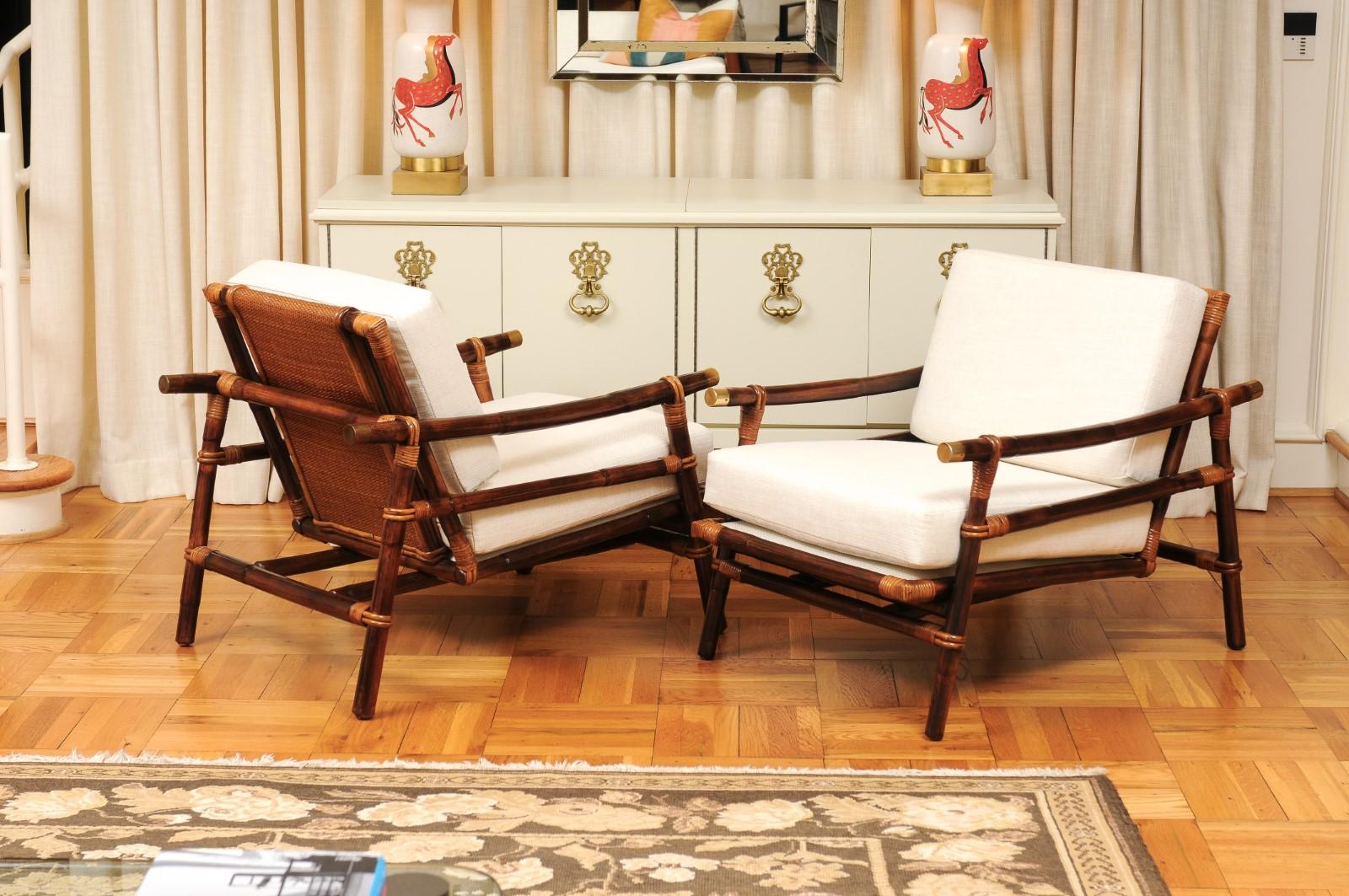 Superbe paire de fauteuils de salon en rotin, canne et laiton de John Wisner pour Ficks Reed en vente 10