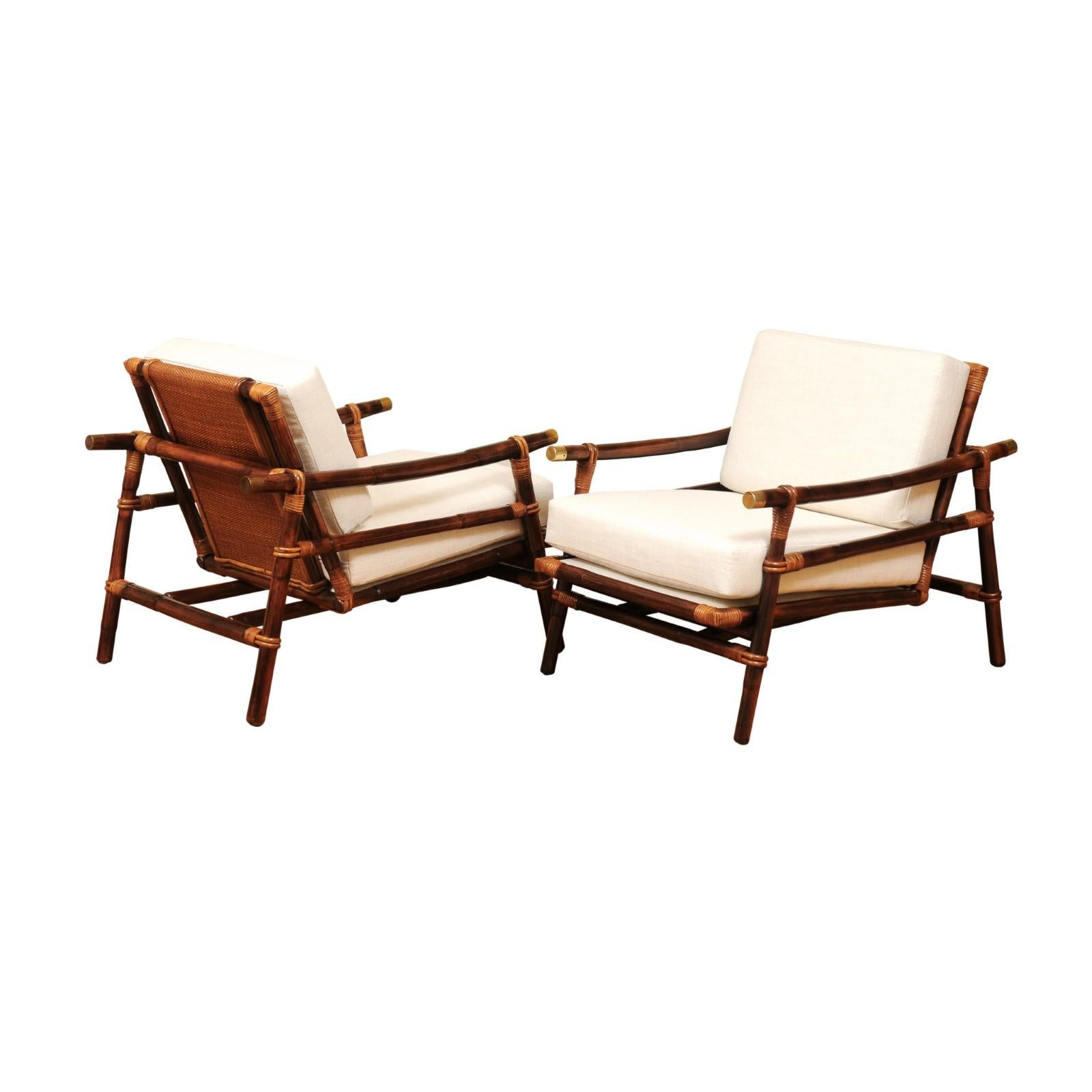 Superbe paire de fauteuils de salon en rotin, canne et laiton de John Wisner pour Ficks Reed en vente 11