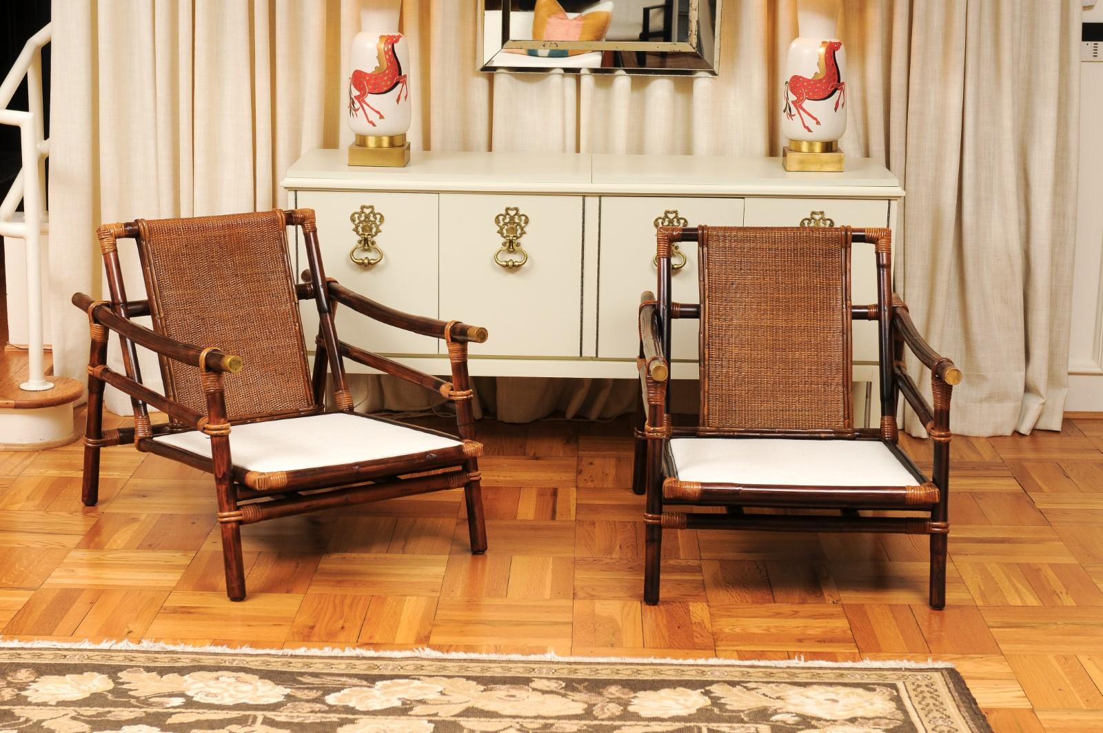 Superbe paire de fauteuils de salon en rotin, canne et laiton de John Wisner pour Ficks Reed en vente 13