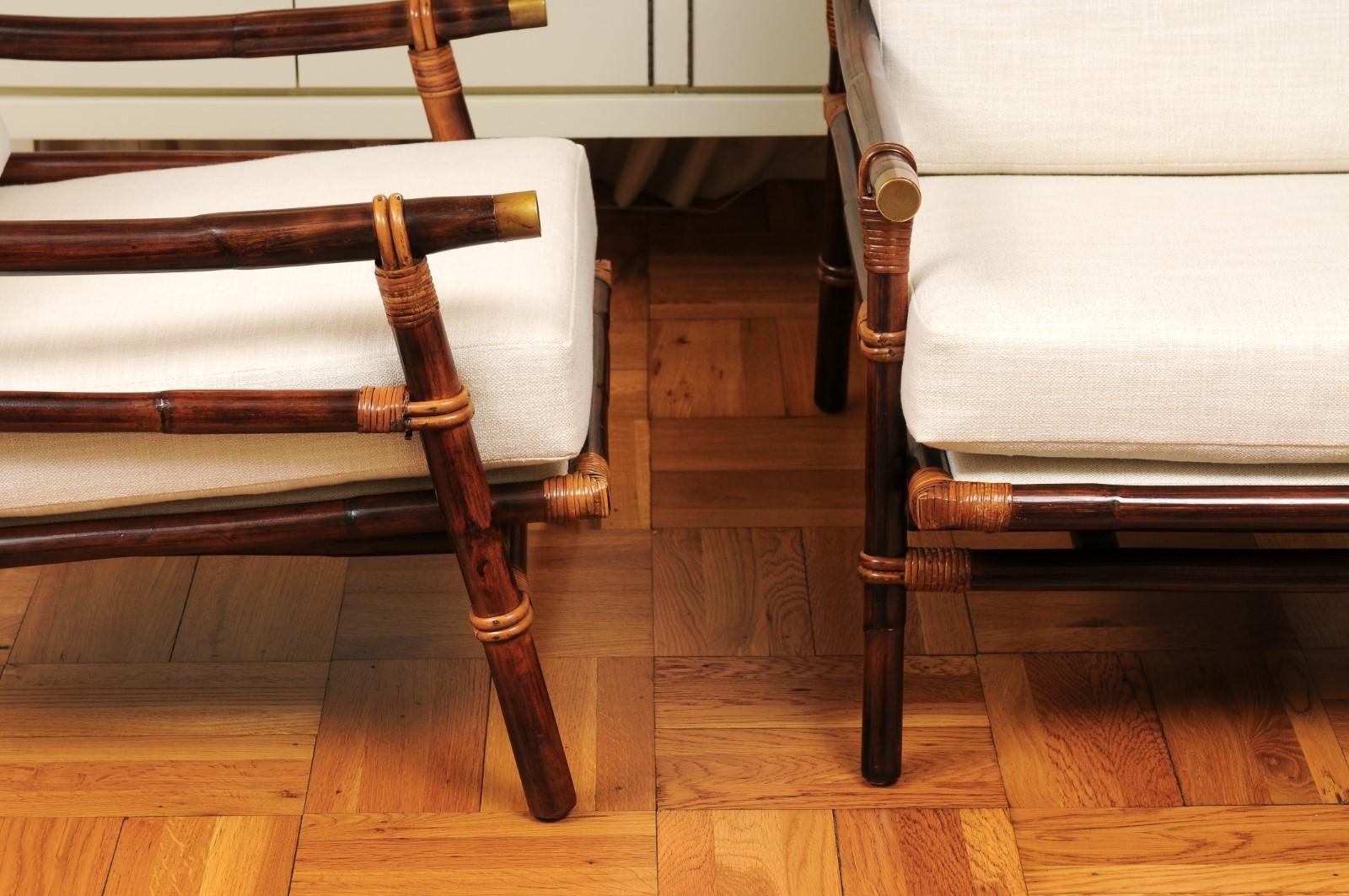 Laiton Superbe paire de fauteuils de salon en rotin, canne et laiton de John Wisner pour Ficks Reed en vente