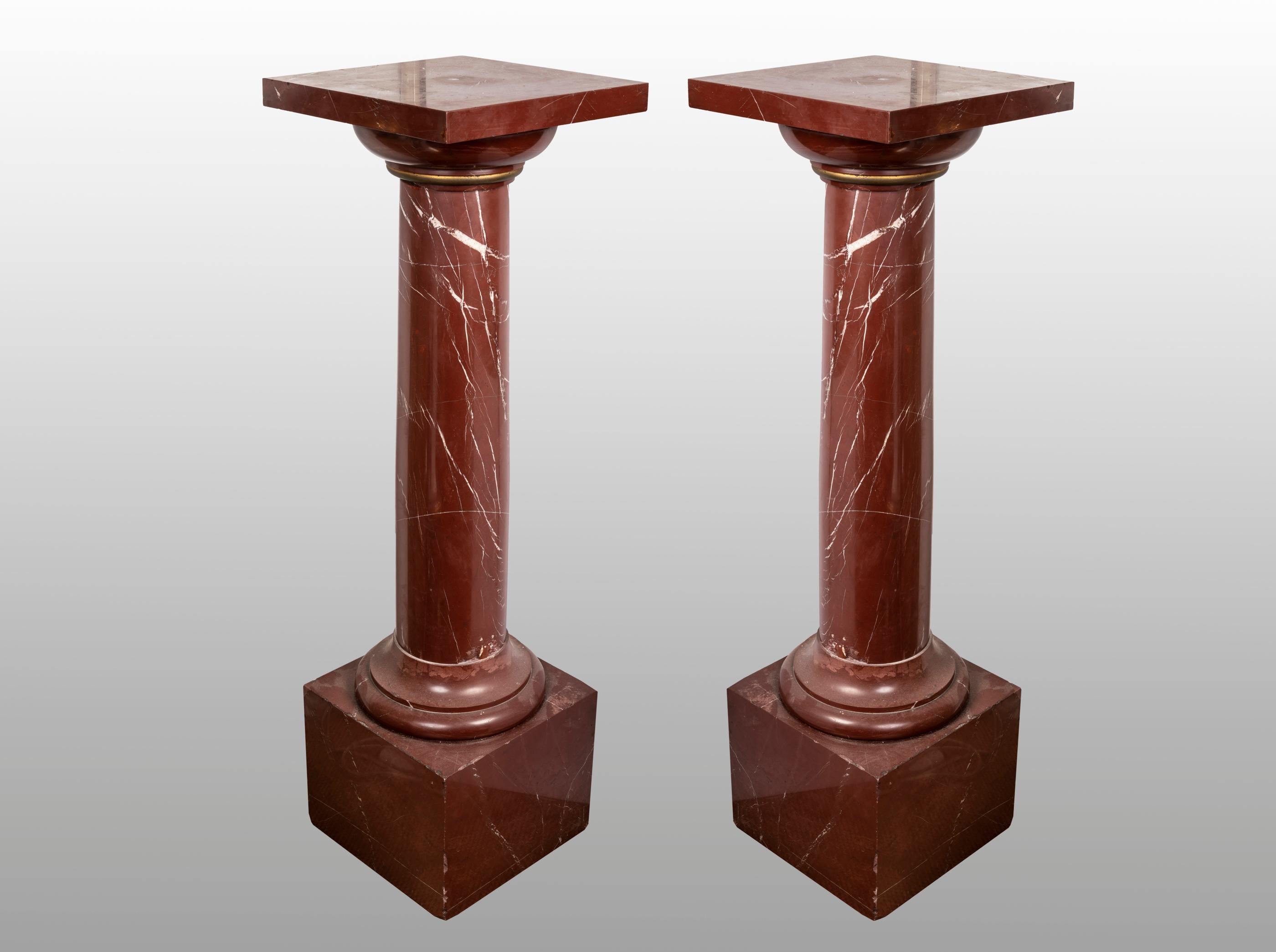 Superb pair of red Griotte marble columns, pedestals, 20th century, France.