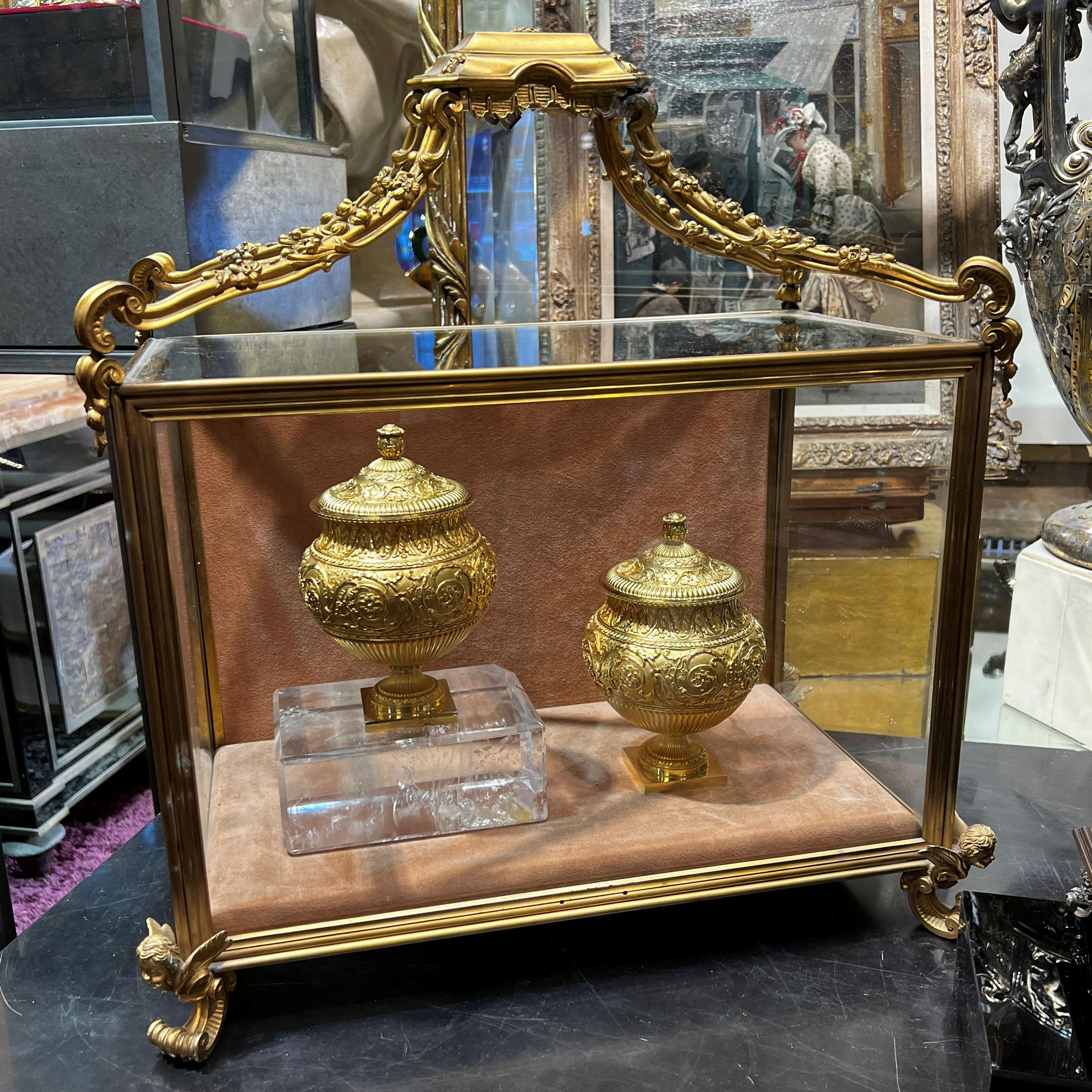 Our superb pair of Regency silver-gilt sugar vases and covers were made in London in 1816 by Benjamin Smith II and Benjamin Smith III, and retailed by Green, Ward and Green.

Weight: 1,493 g, 48 oz.
Height: 17.8 cm, 7 in.

The vases after Roman