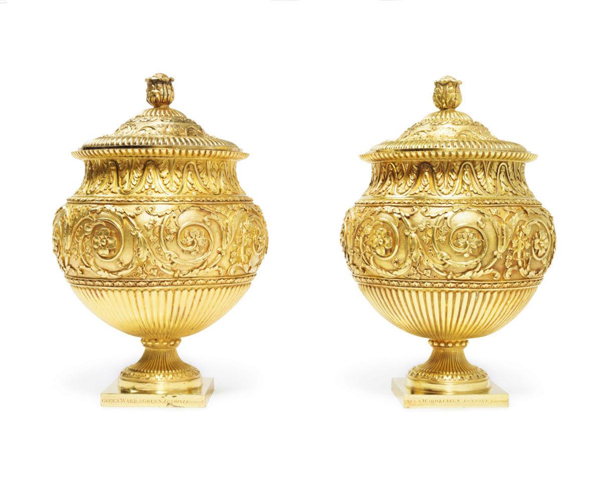British Superb Pair of Regency Silver-Gilt Sugar Vases and Covers