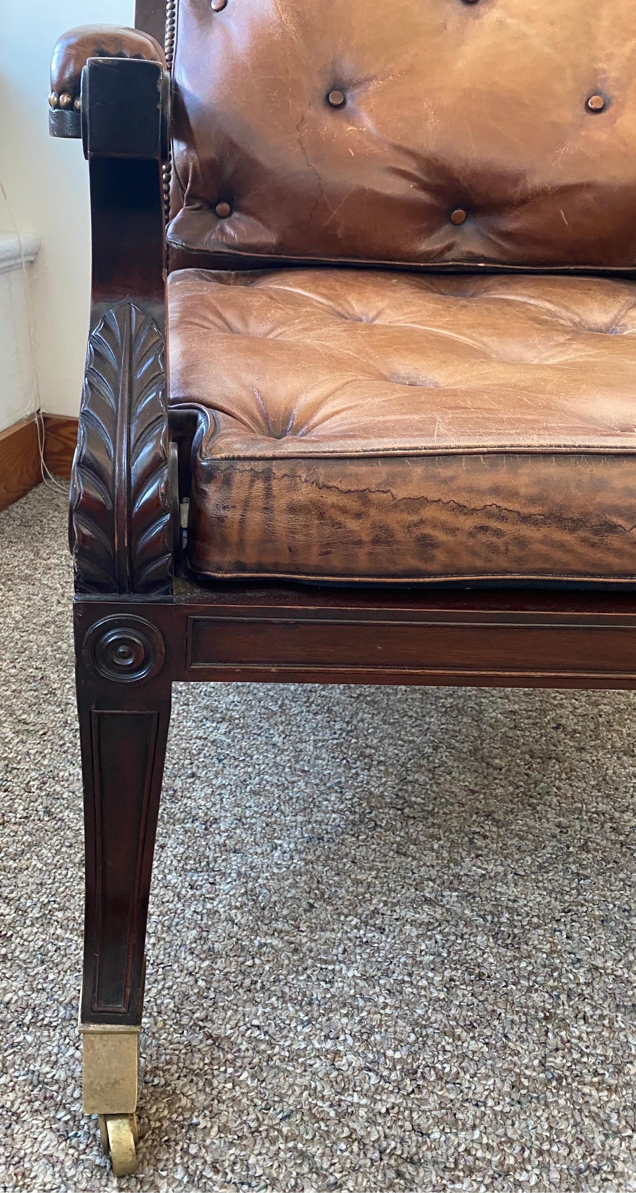 British Superb Pair of Regency Style Mahogany and Leather Library Chairs, after Gillows