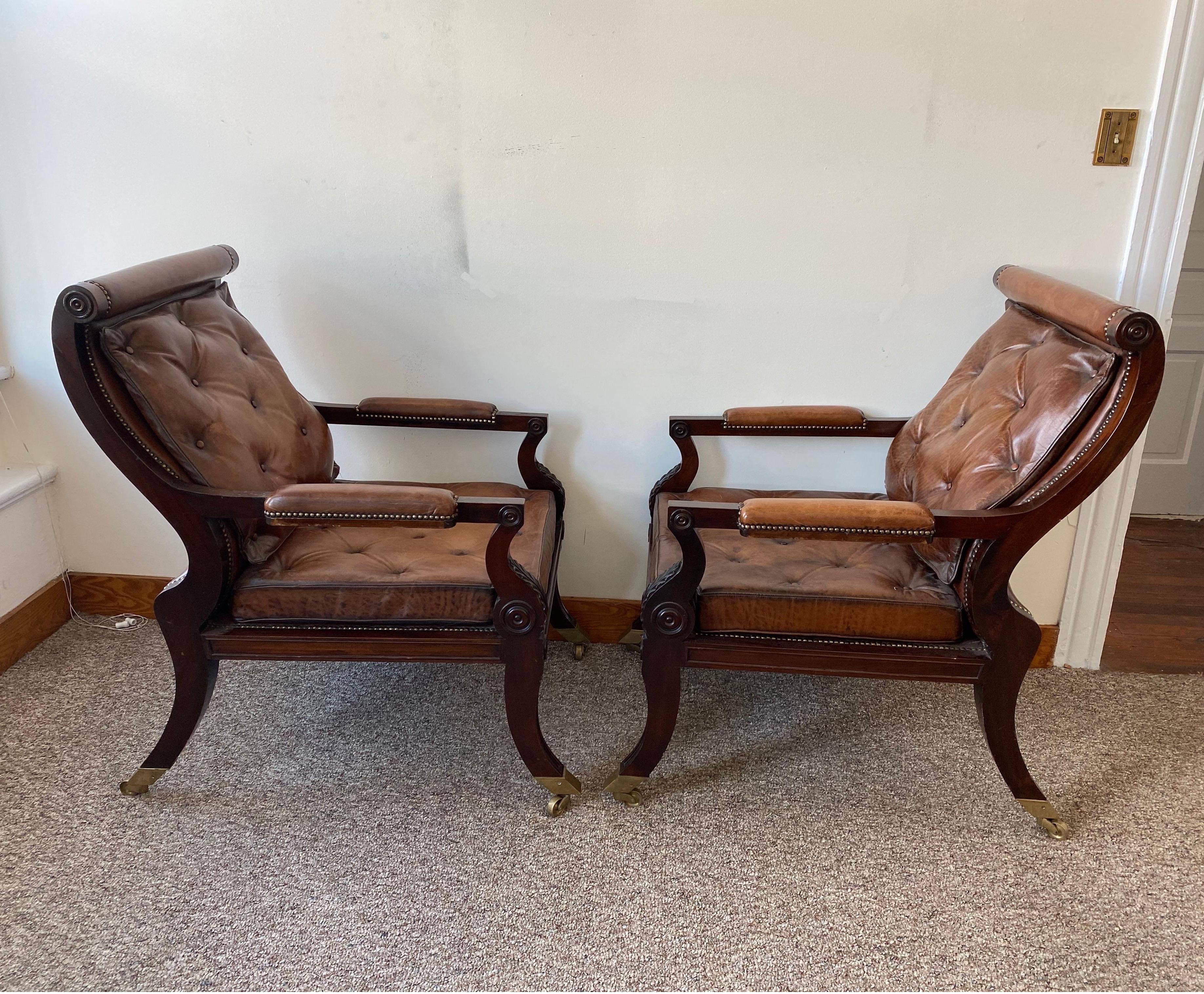 Superb Pair of Regency Style Mahogany and Leather Library Chairs, after Gillows In Good Condition In Charleston, SC