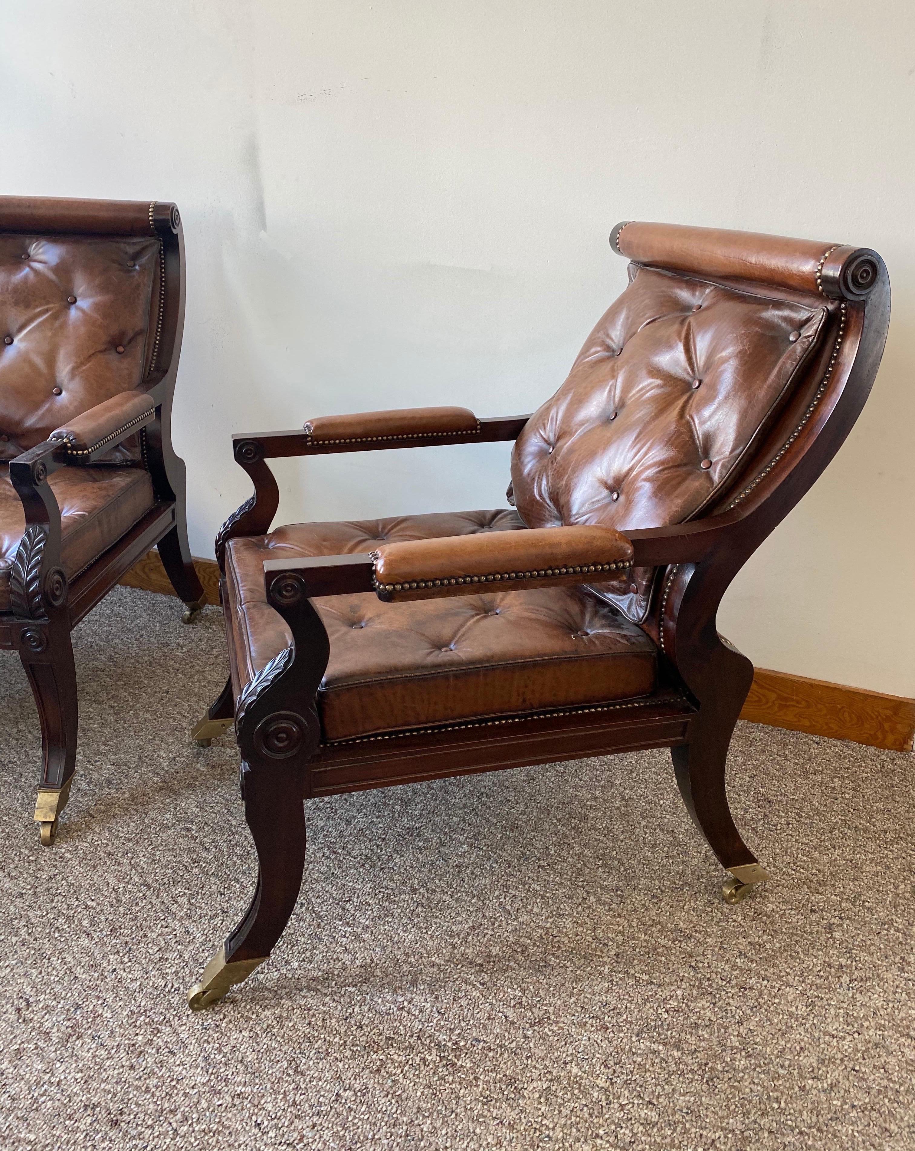 Superb Pair of Regency Style Mahogany and Leather Library Chairs, after Gillows 1