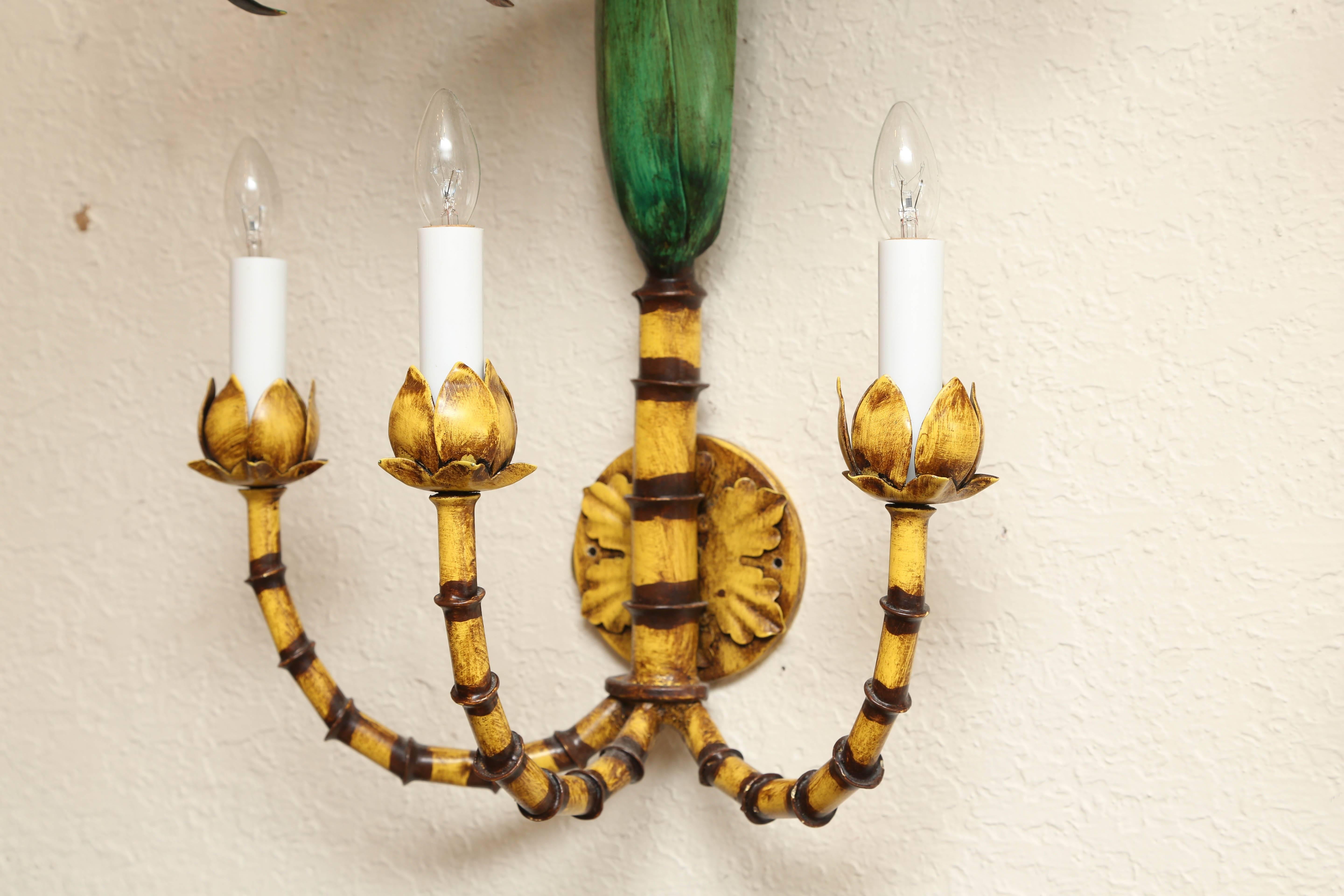 Superb Vintage Pair of Tole Palm Frond Three-Light Sconces In Excellent Condition In West Palm Beach, FL