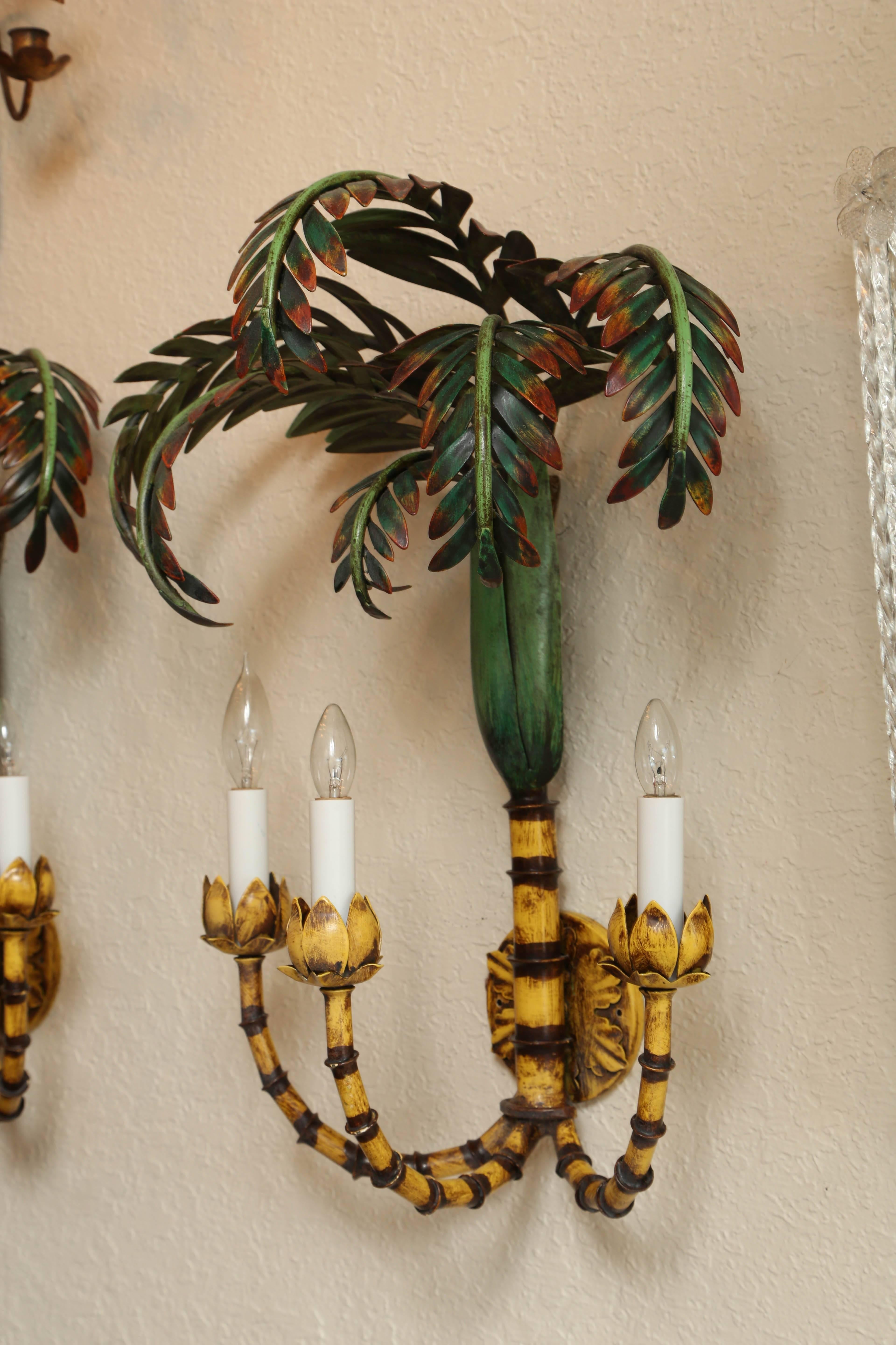 Tôle Superb Vintage Pair of Tole Palm Frond Three-Light Sconces