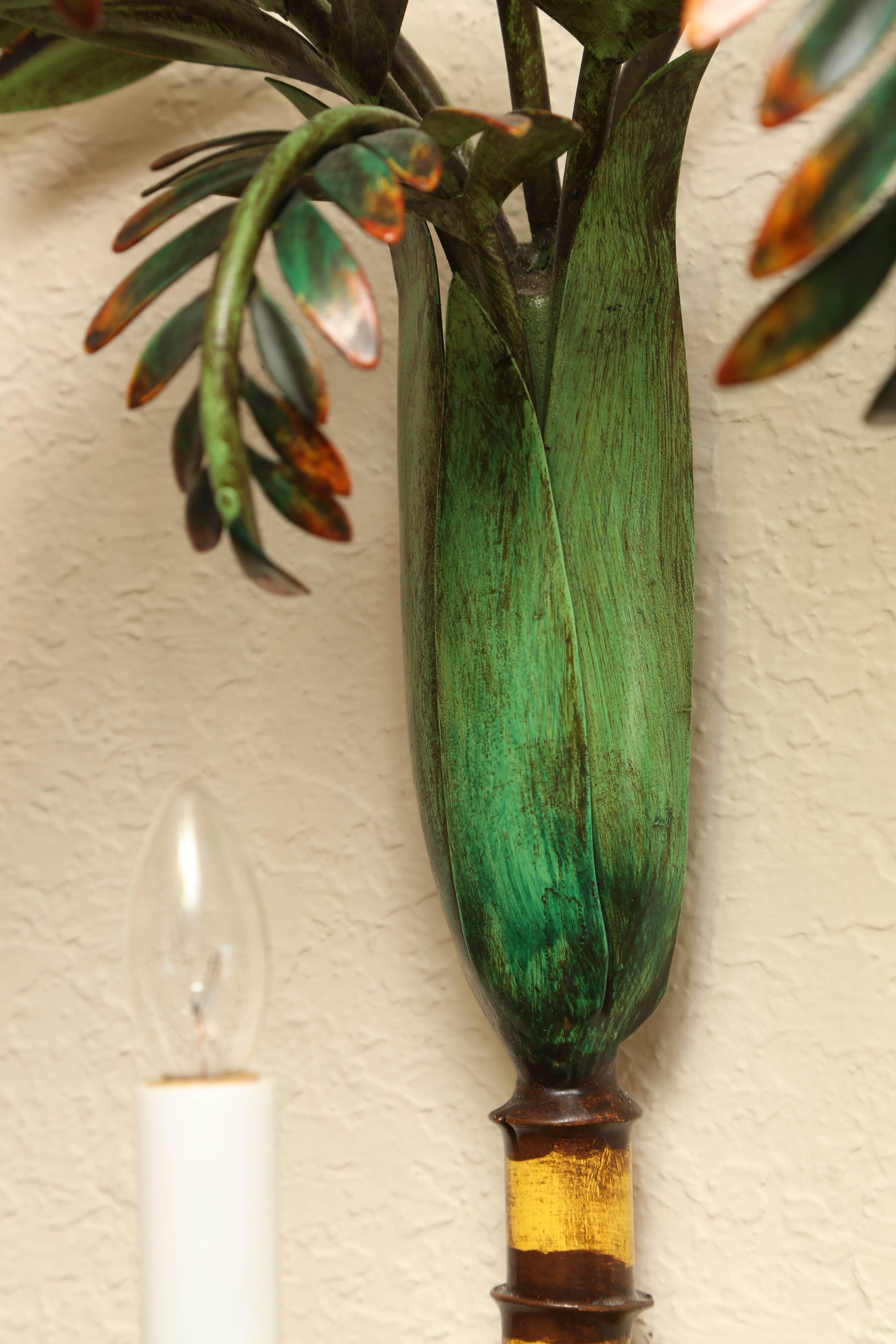 Superb Vintage Pair of Tole Palm Frond Three-Light Sconces 2