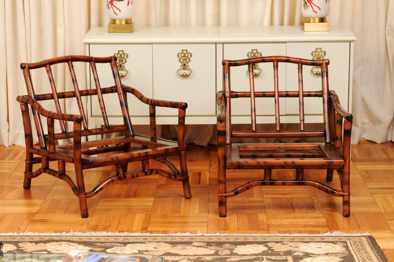 These magnificent lounge chair frames are shipped as professionally photographed and described in the listing narrative: Meticulously professionally restored and ready for upholstery. Expert custom upholstery service is available.

An exceptional
