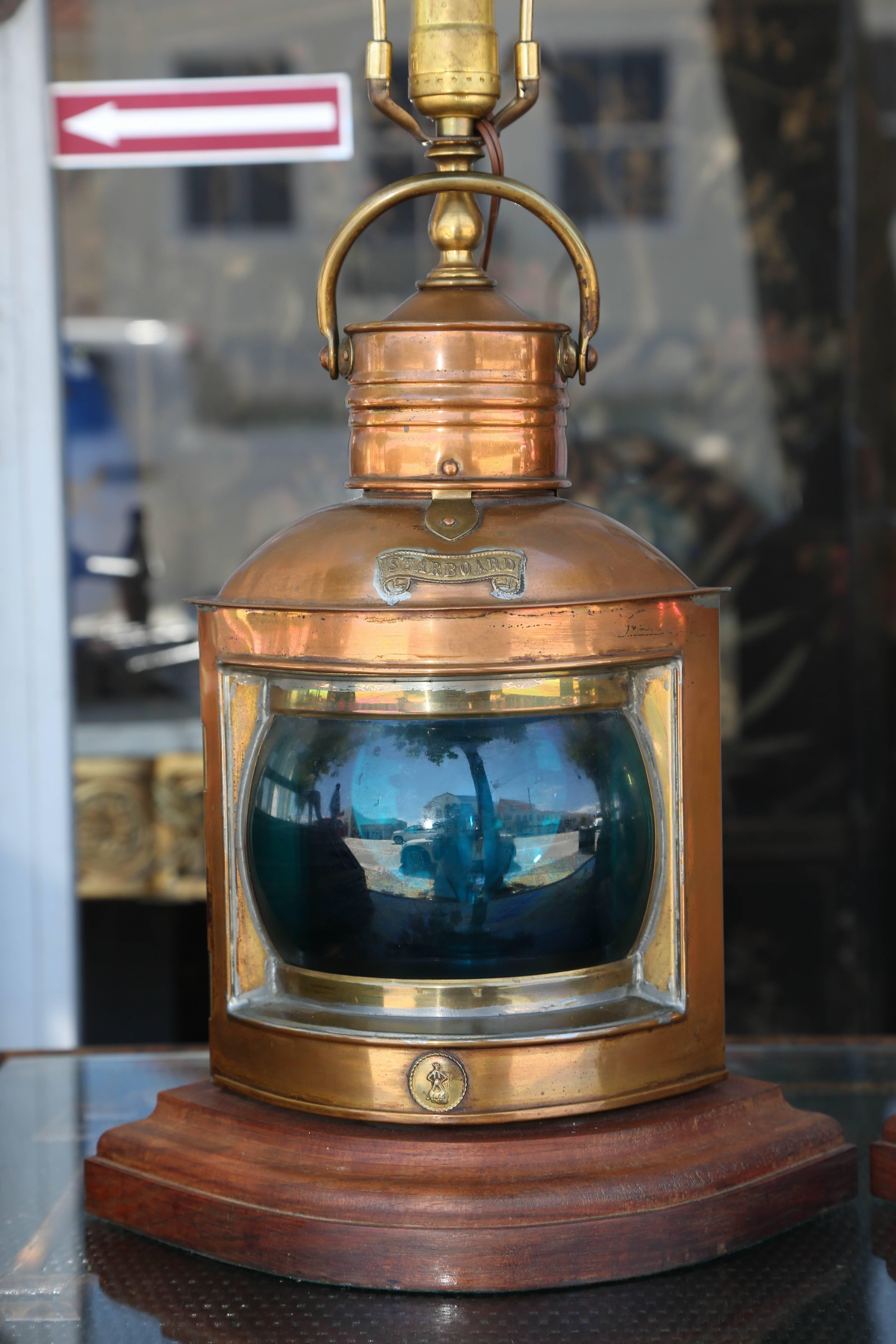 Superb pair of vintage copper ship light lamps marked Port and Starboard. Measure: 30