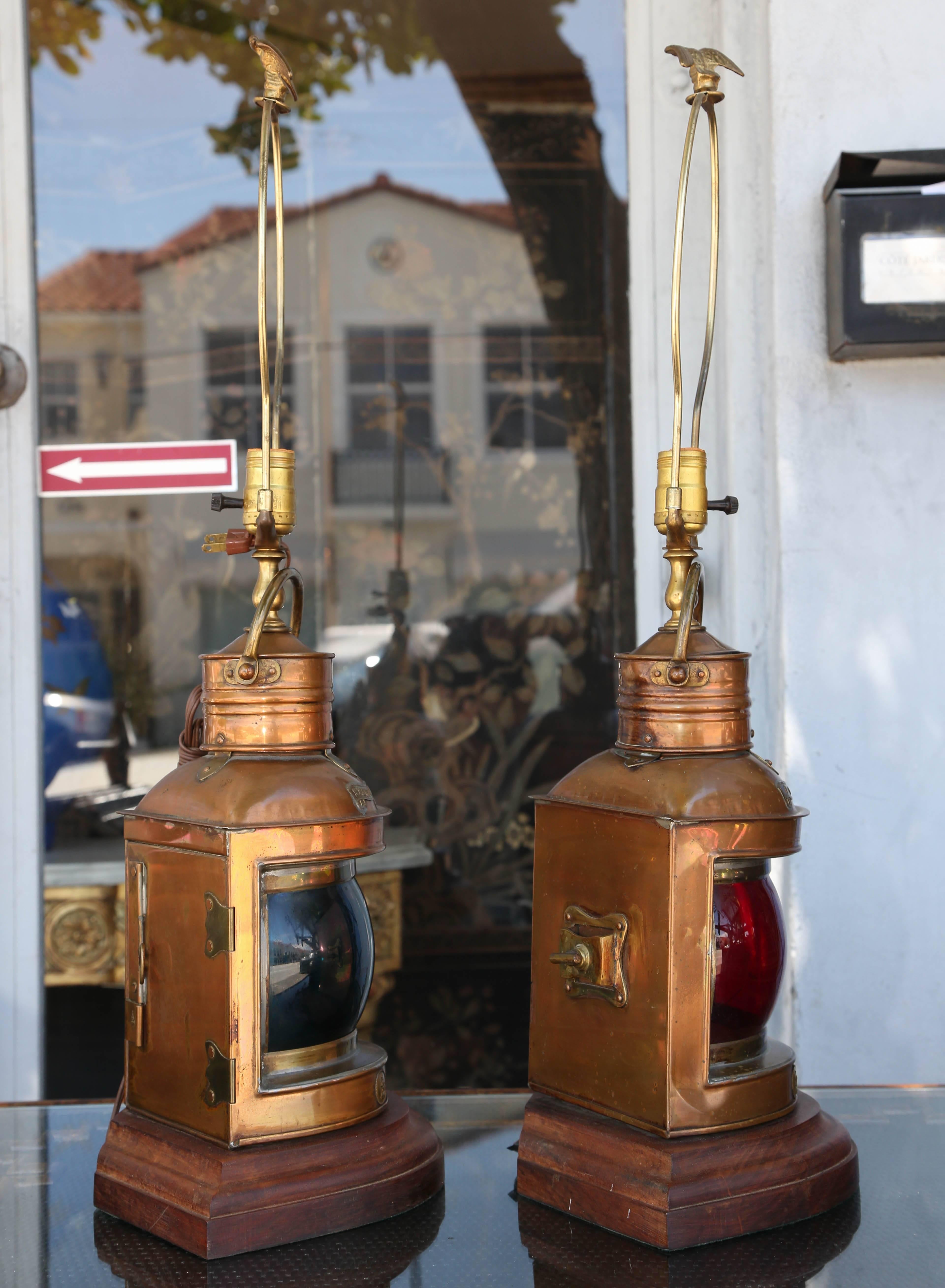 Superb Pair of Vintage Copper Ship Light Lamps In Excellent Condition In West Palm Beach, FL