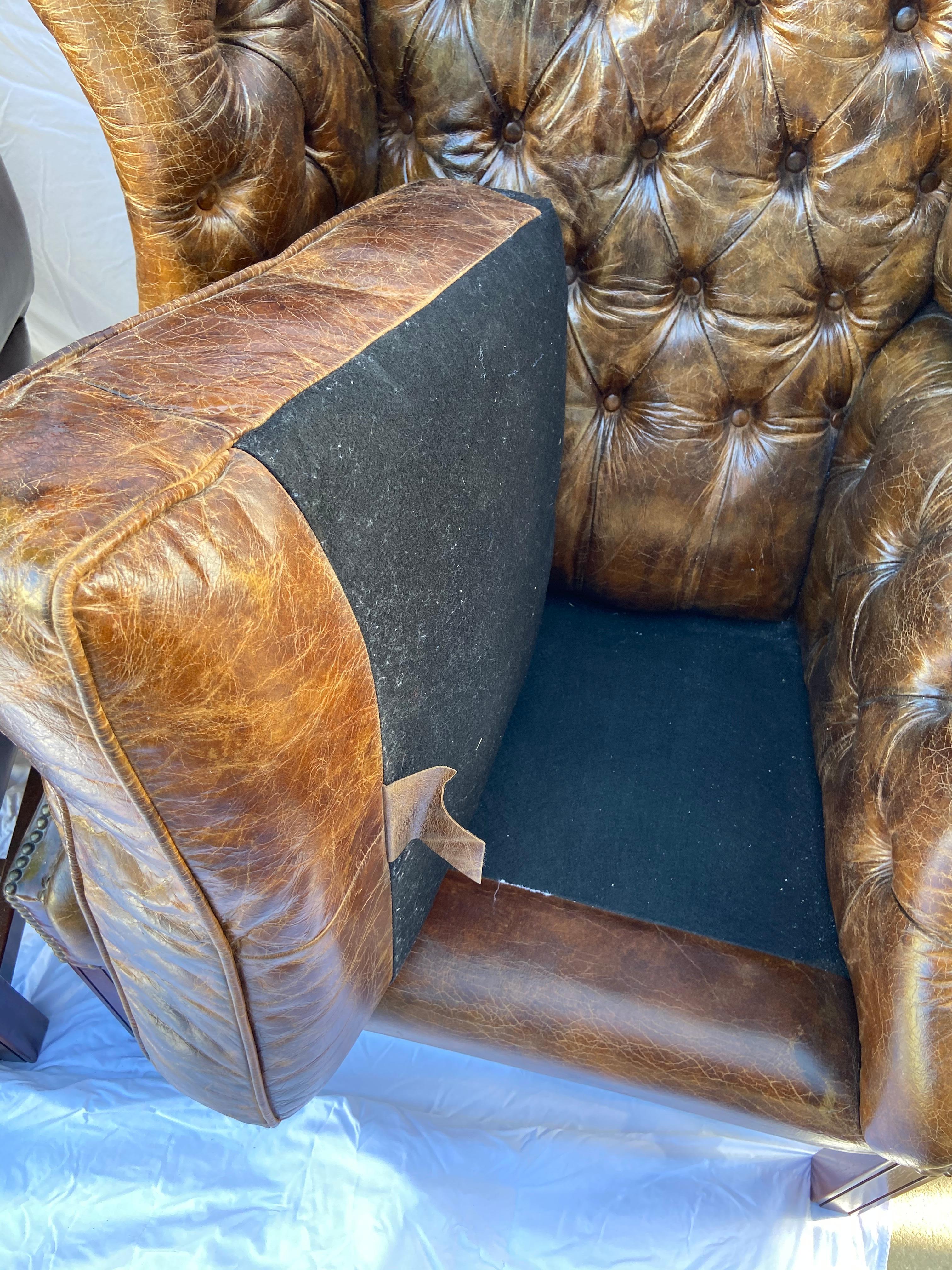 American Superb Pair of Vintage Leather Wing-Back Tufted Club Chairs