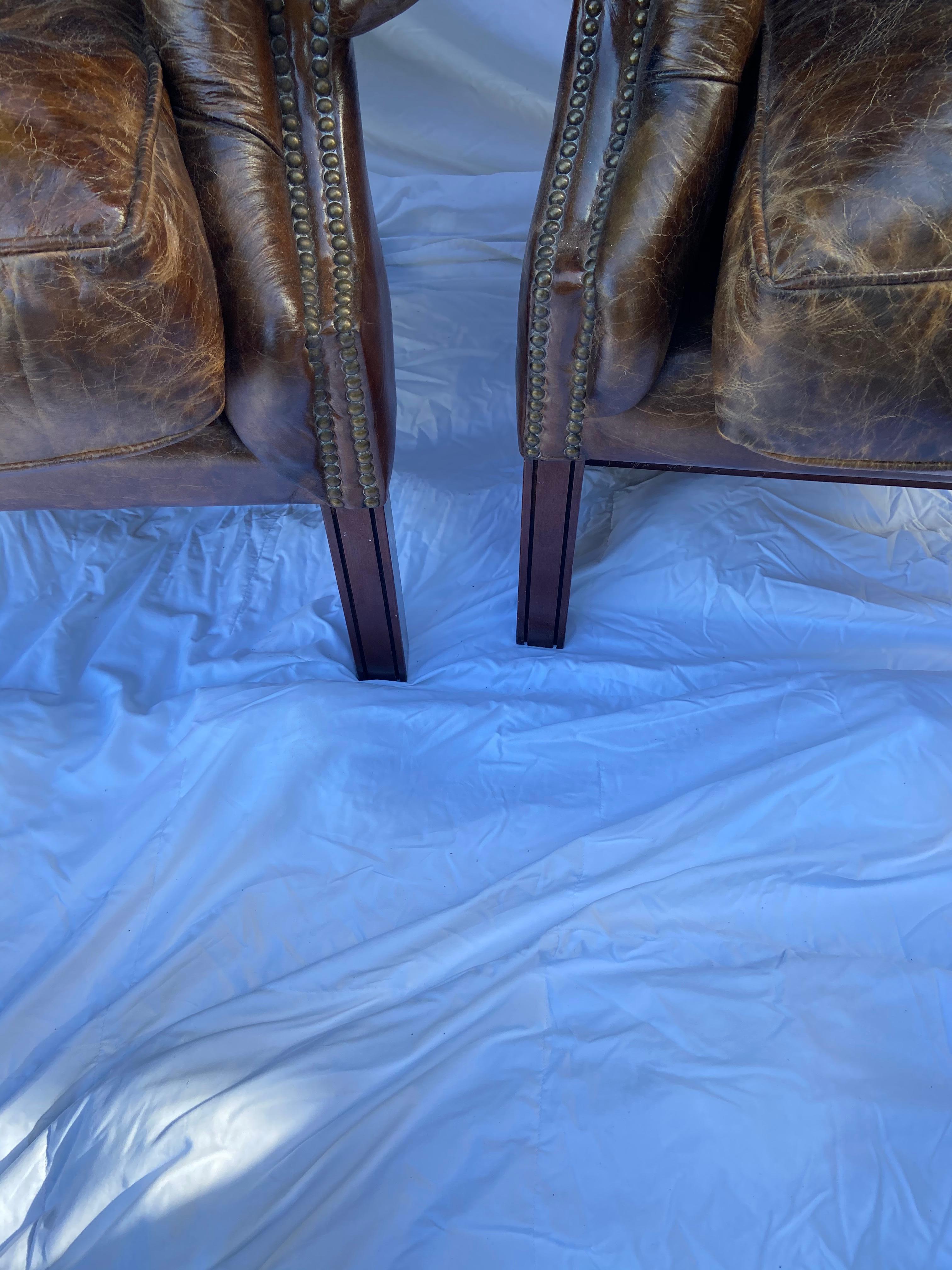20th Century Superb Pair of Vintage Leather Wing-Back Tufted Club Chairs