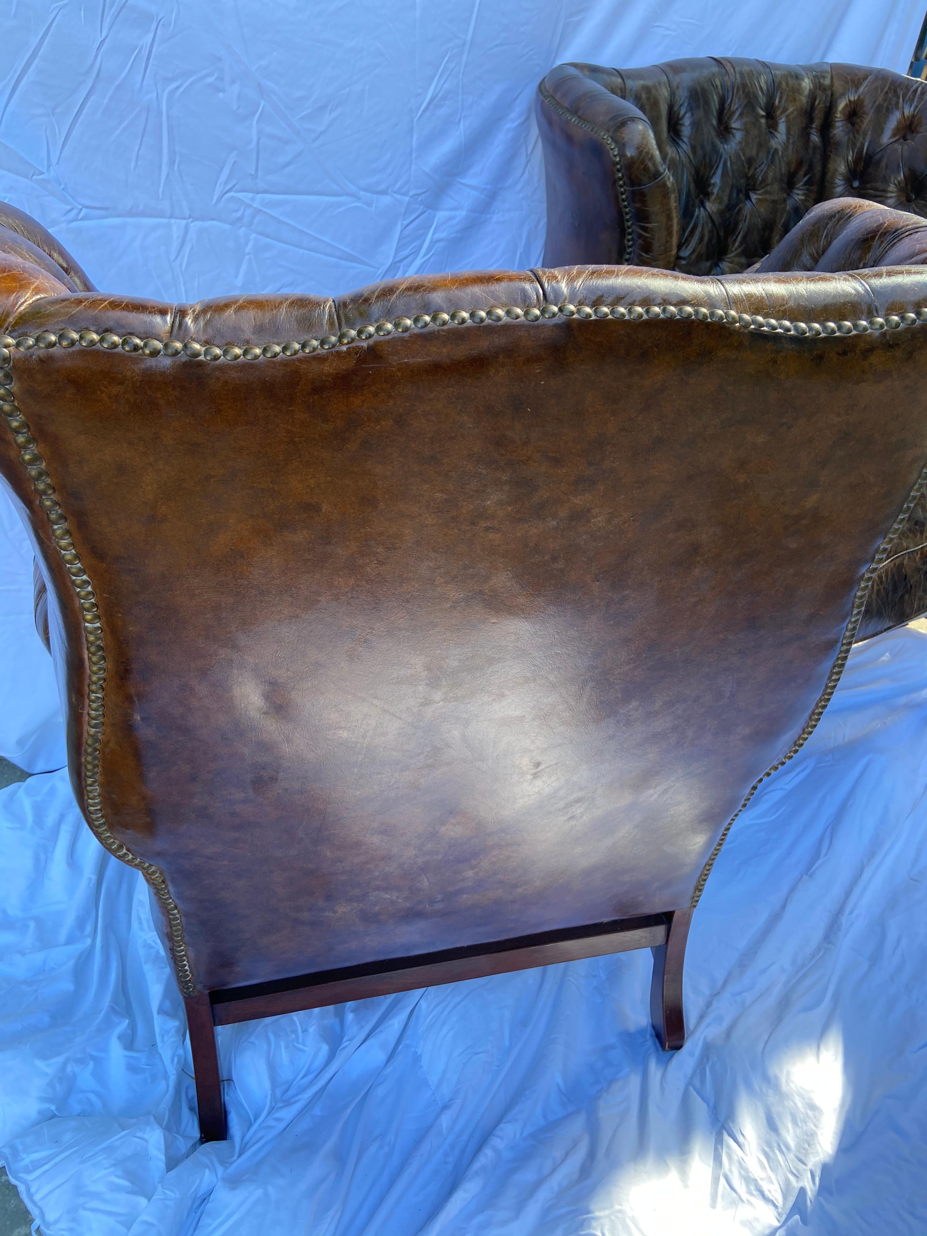 Superb Pair of Vintage Leather Wing-Back Tufted Club Chairs 2