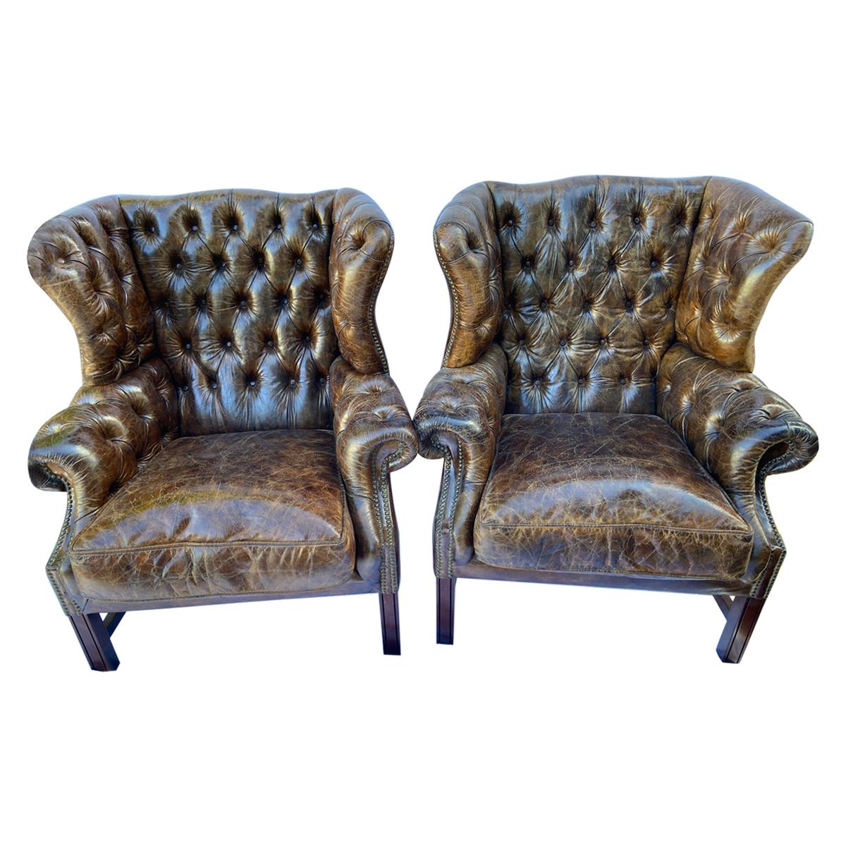Superb Pair of Vintage Leather Wing-Back Tufted Club Chairs