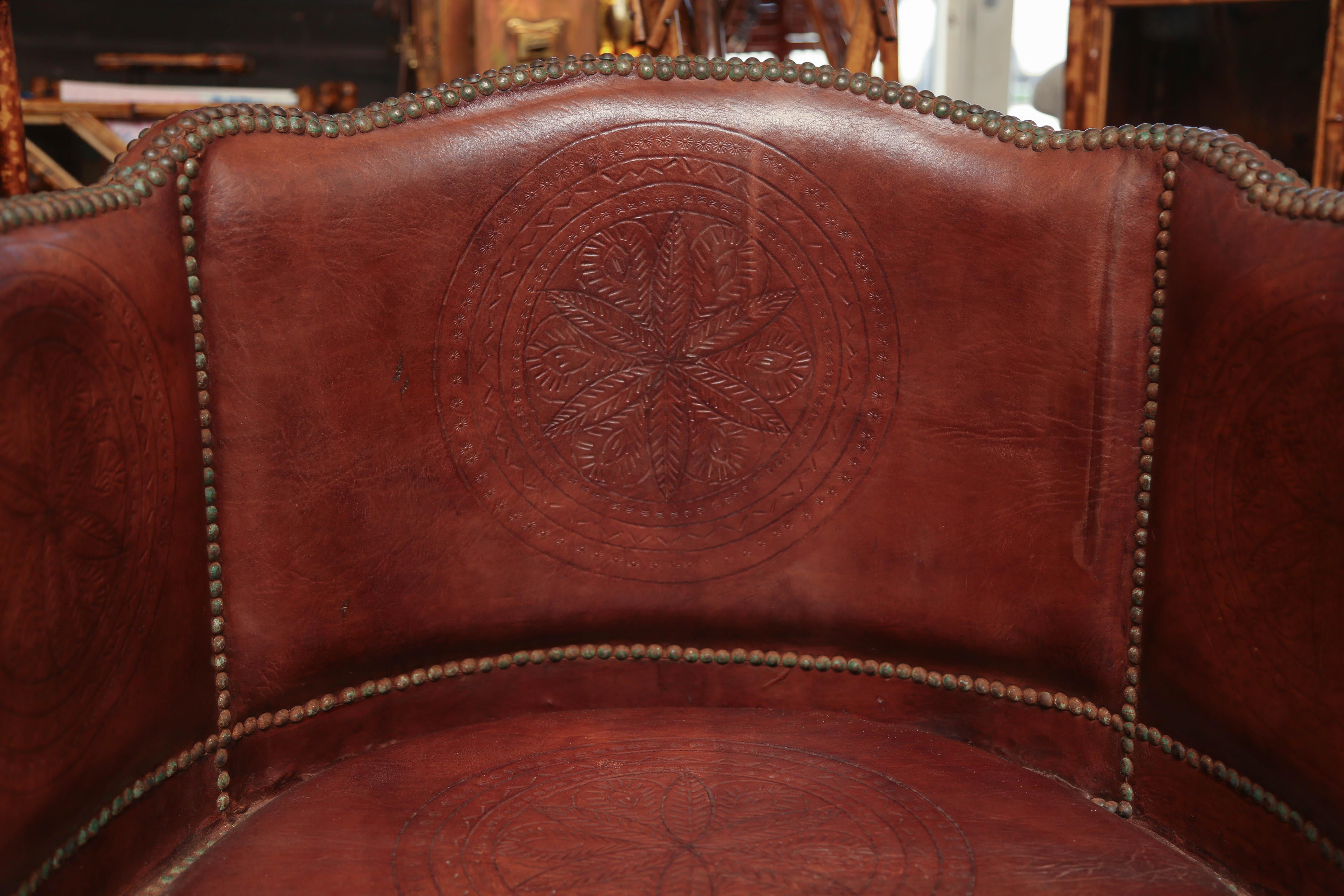 Superb Pair of Vintage Moroccan Leather Barrel Chairs In Excellent Condition In West Palm Beach, FL