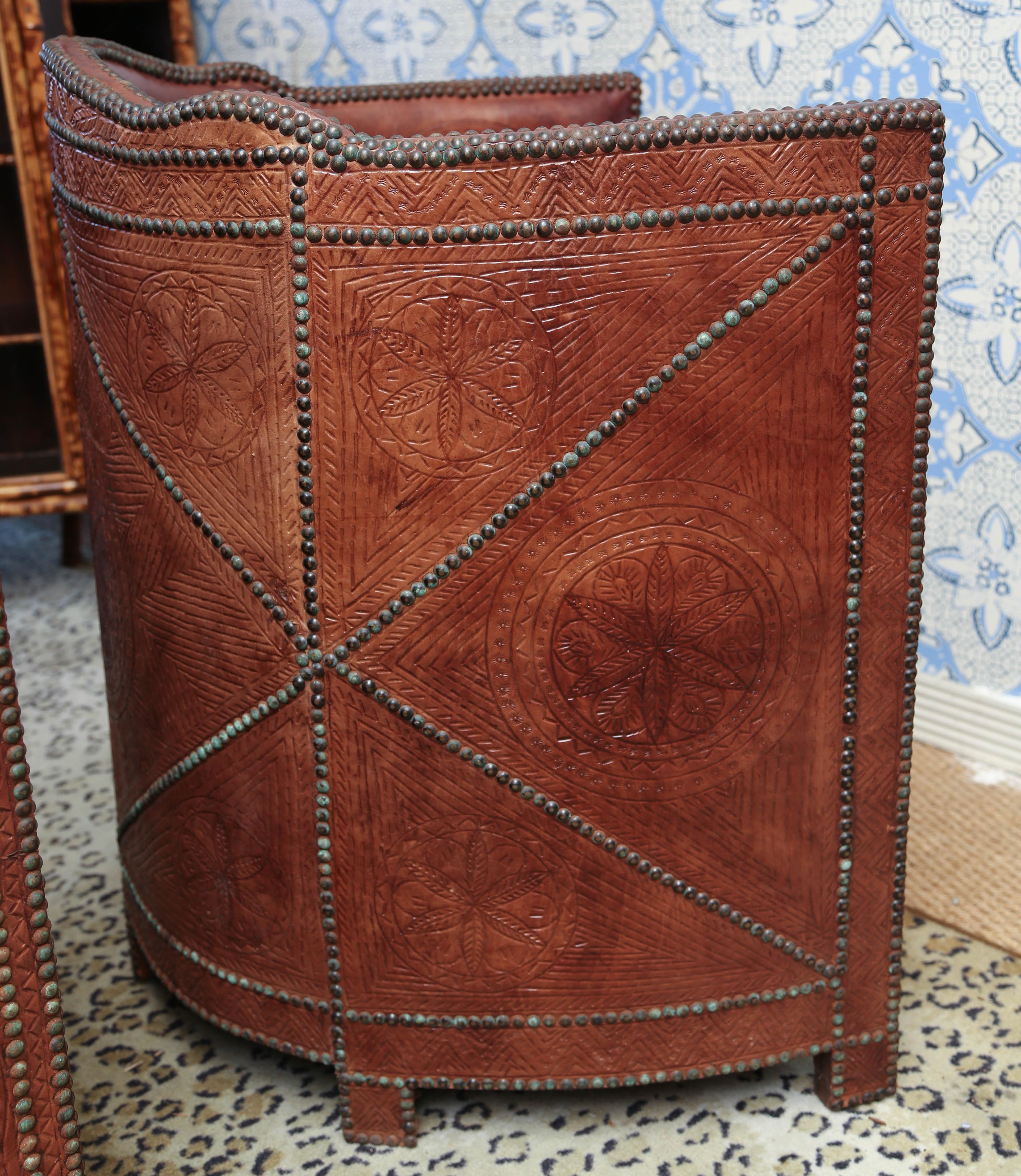 20th Century Superb Pair of Vintage Moroccan Leather Barrel Chairs