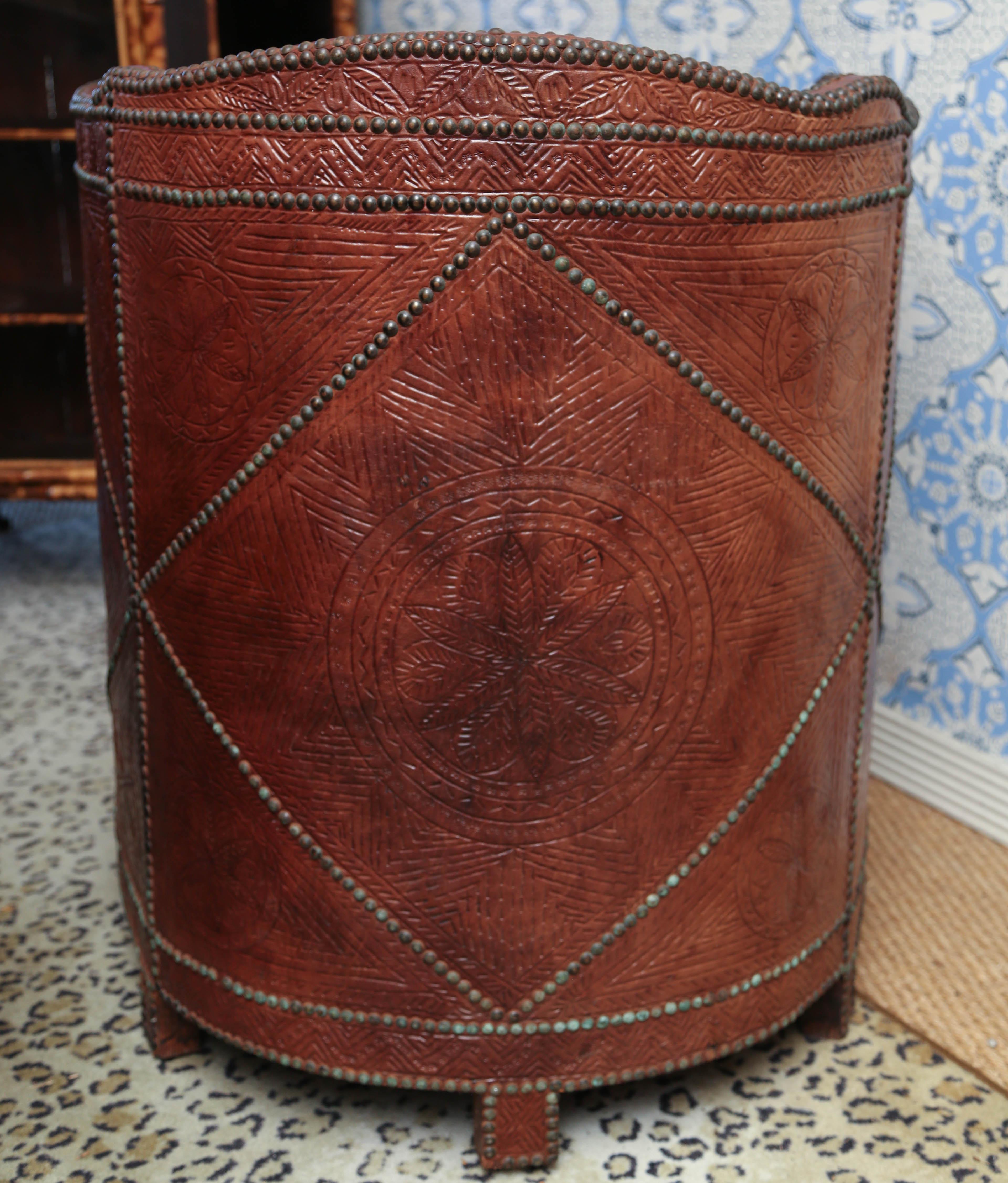 Superb Pair of Vintage Moroccan Leather Barrel Chairs 1