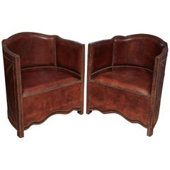 Superb Pair of Vintage Moroccan Leather Barrel Chairs