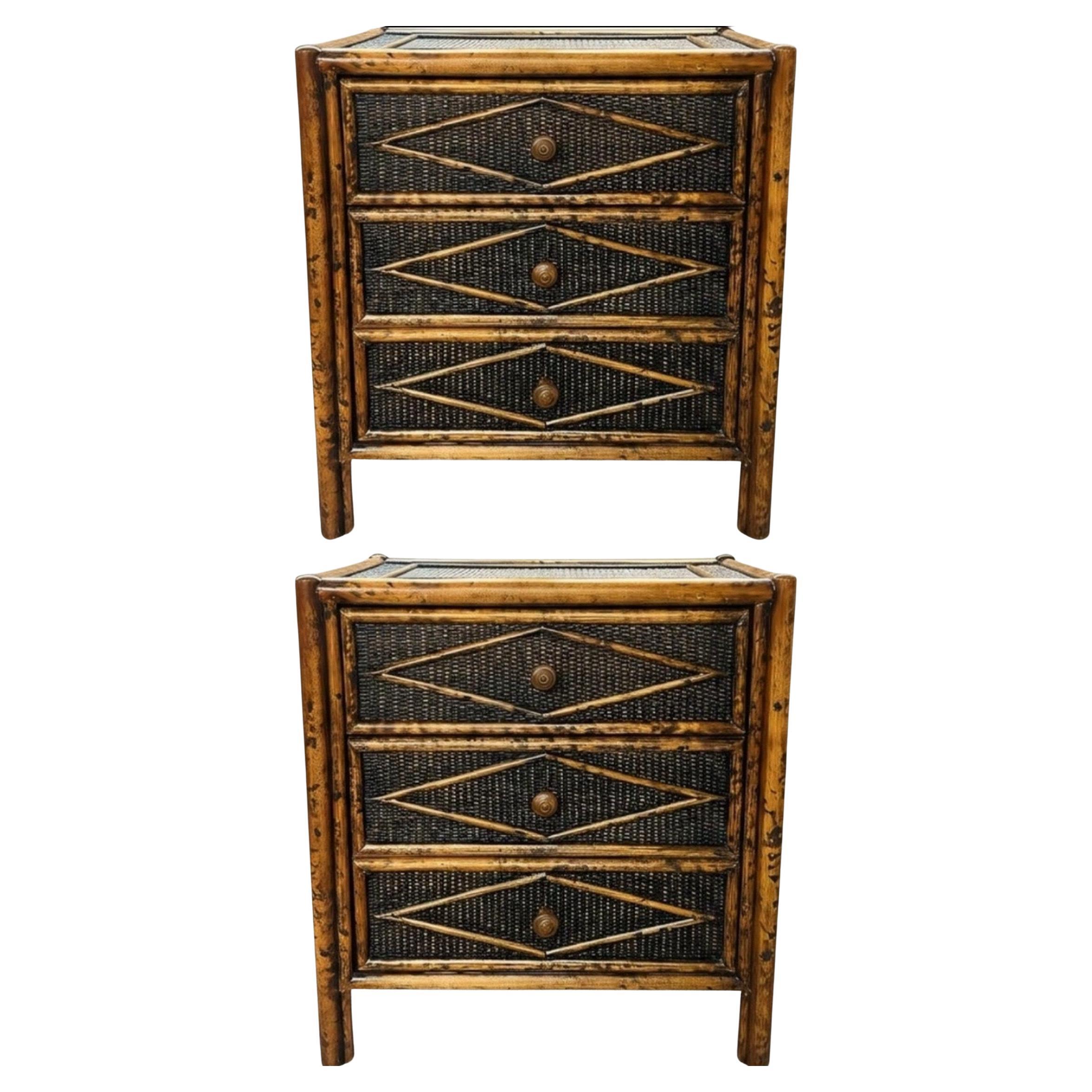 Superb Pair of Weathered Ebenholz Cane und Schildpatt Bamboo Small Chests im Angebot
