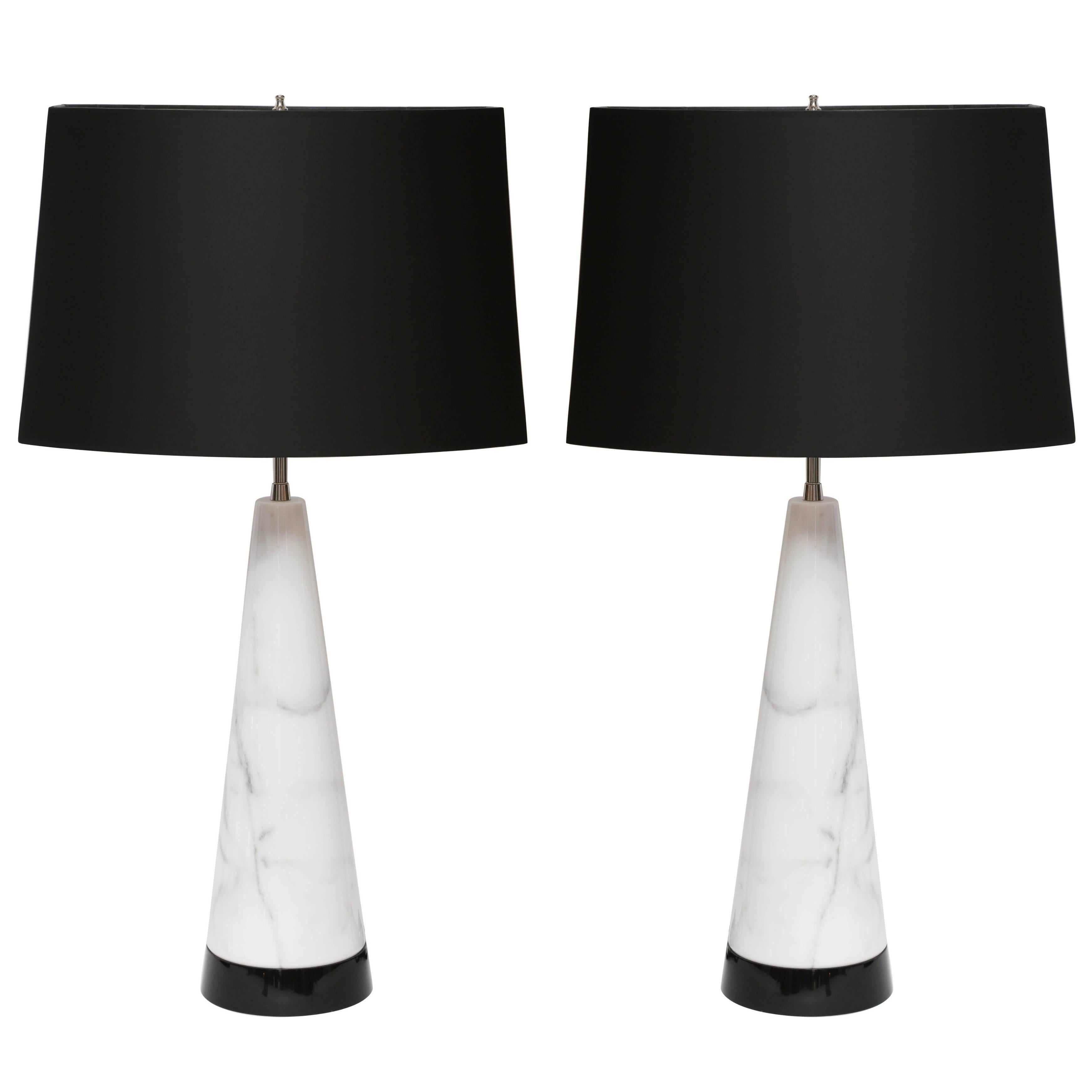 Superb Pair of White Italian Marble Cone Table Lamps