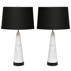 Superb Pair of White Italian Marble Cone Table Lamps