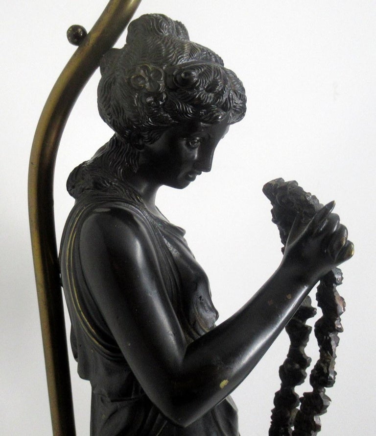 Antique Patinated French Classical Female Figure Bronze Table Lamp Sienna Marble For Sale 1
