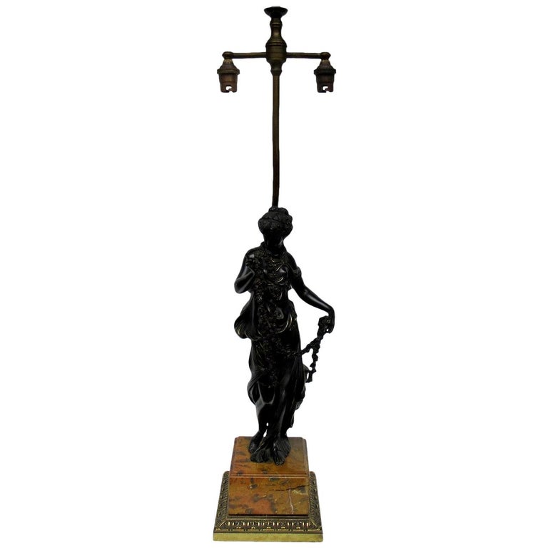 Antique Patinated French Classical Female Figure Bronze Table Lamp Sienna Marble For Sale
