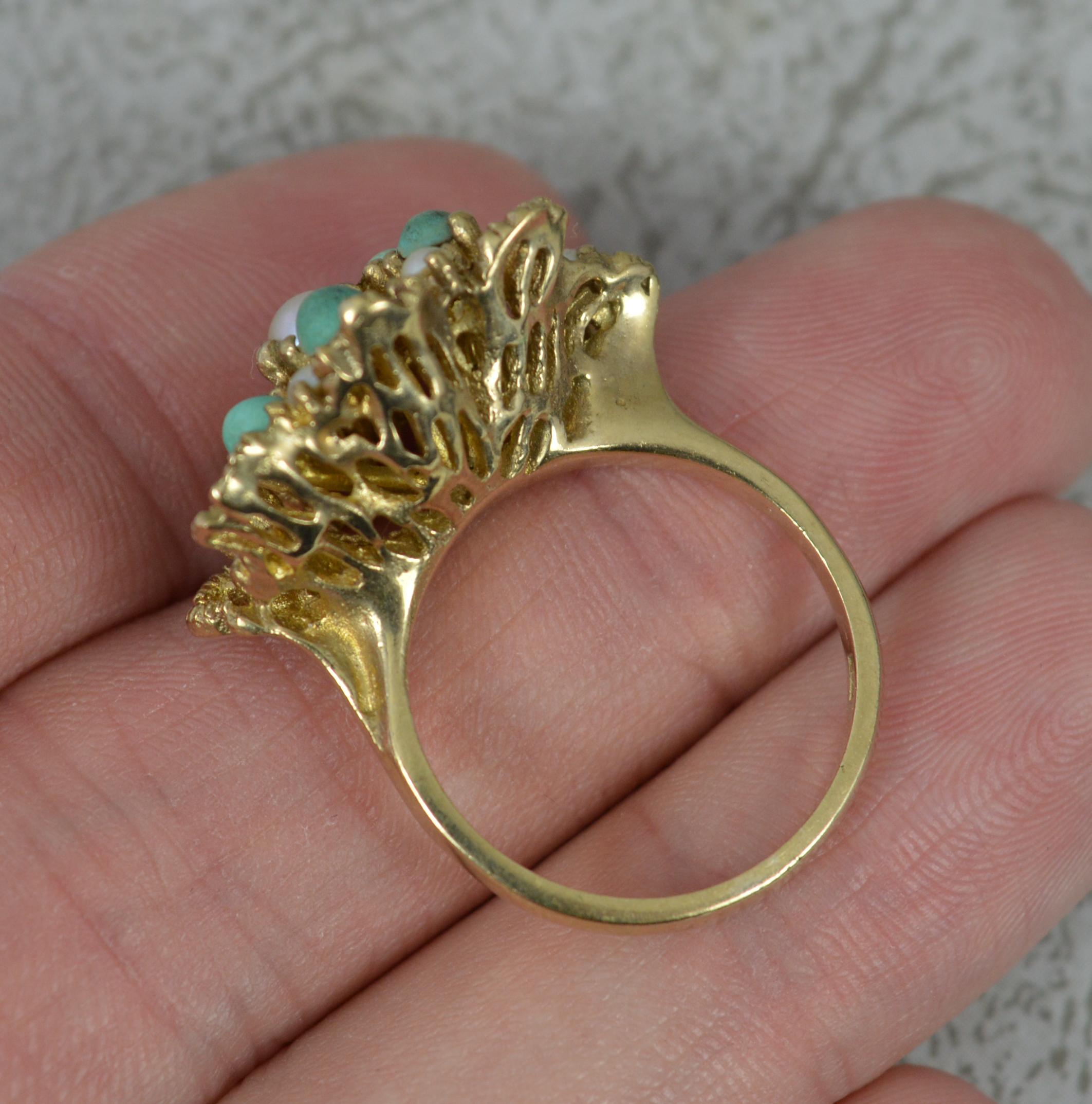 Superb Pearl and Turquoise 9 Carat Gold Retro Statement Ring In Excellent Condition For Sale In St Helens, GB