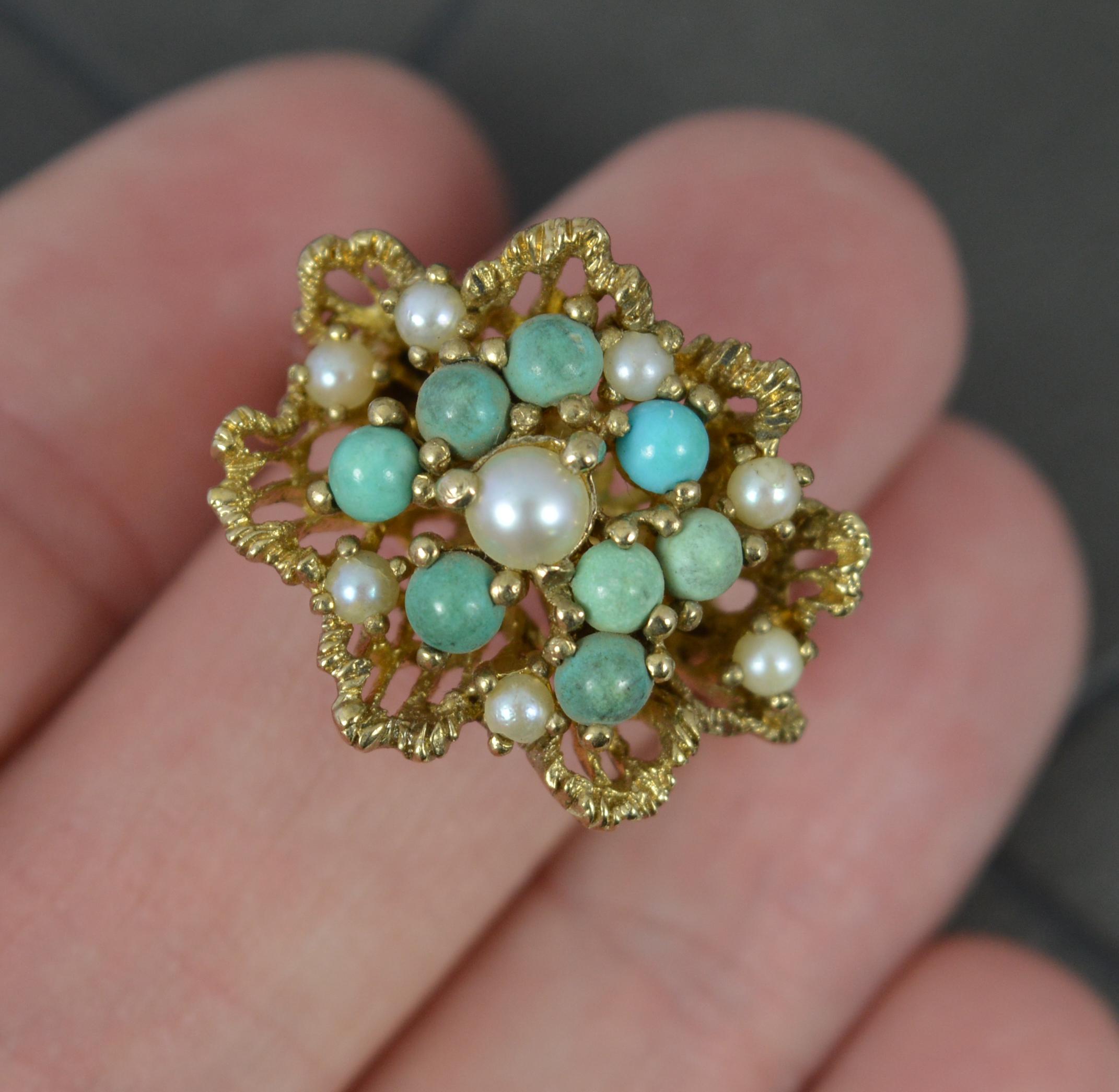 Women's Superb Pearl and Turquoise 9 Carat Gold Retro Statement Ring For Sale