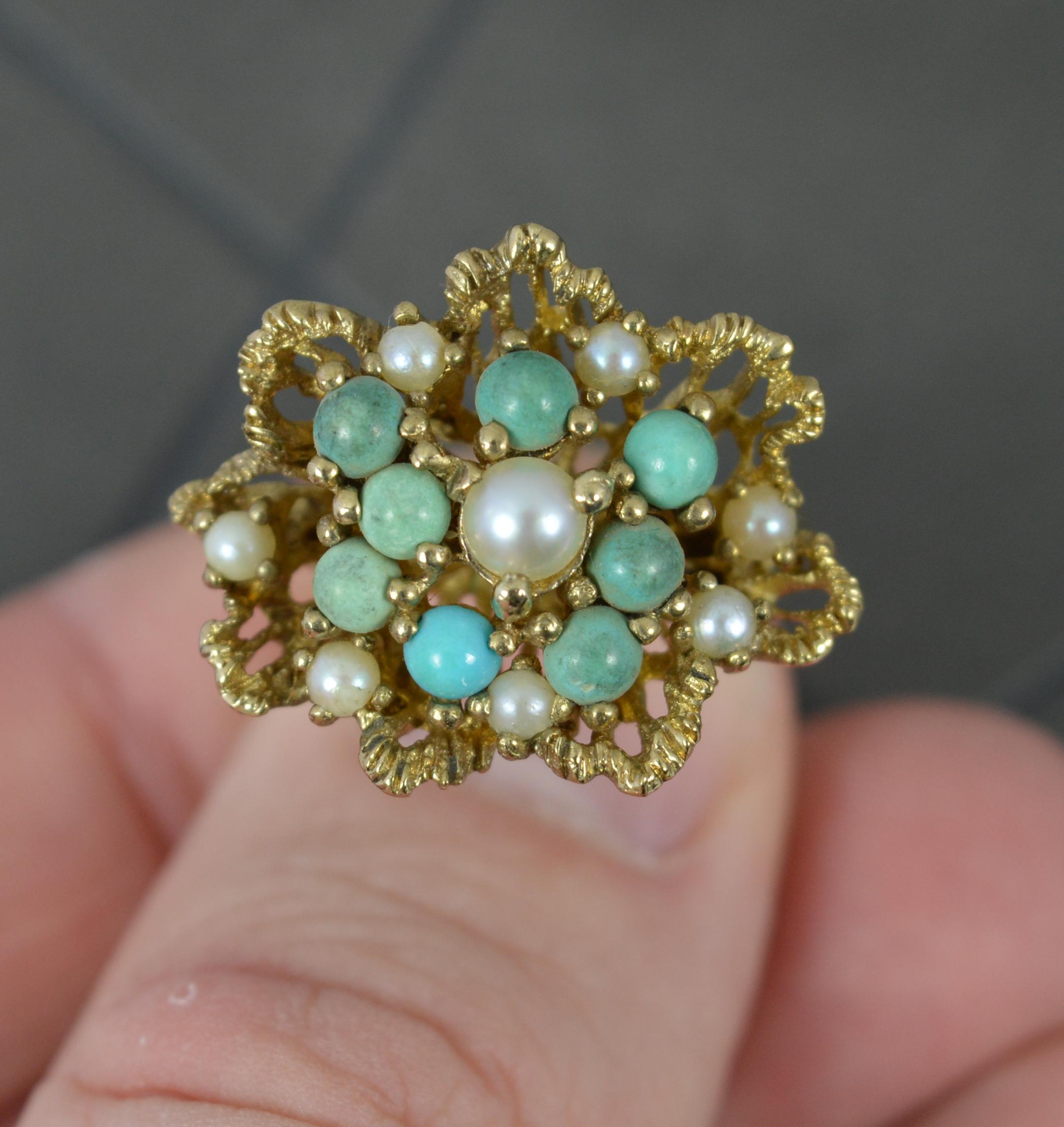 Superb Pearl and Turquoise 9 Carat Gold Retro Statement Ring For Sale 1