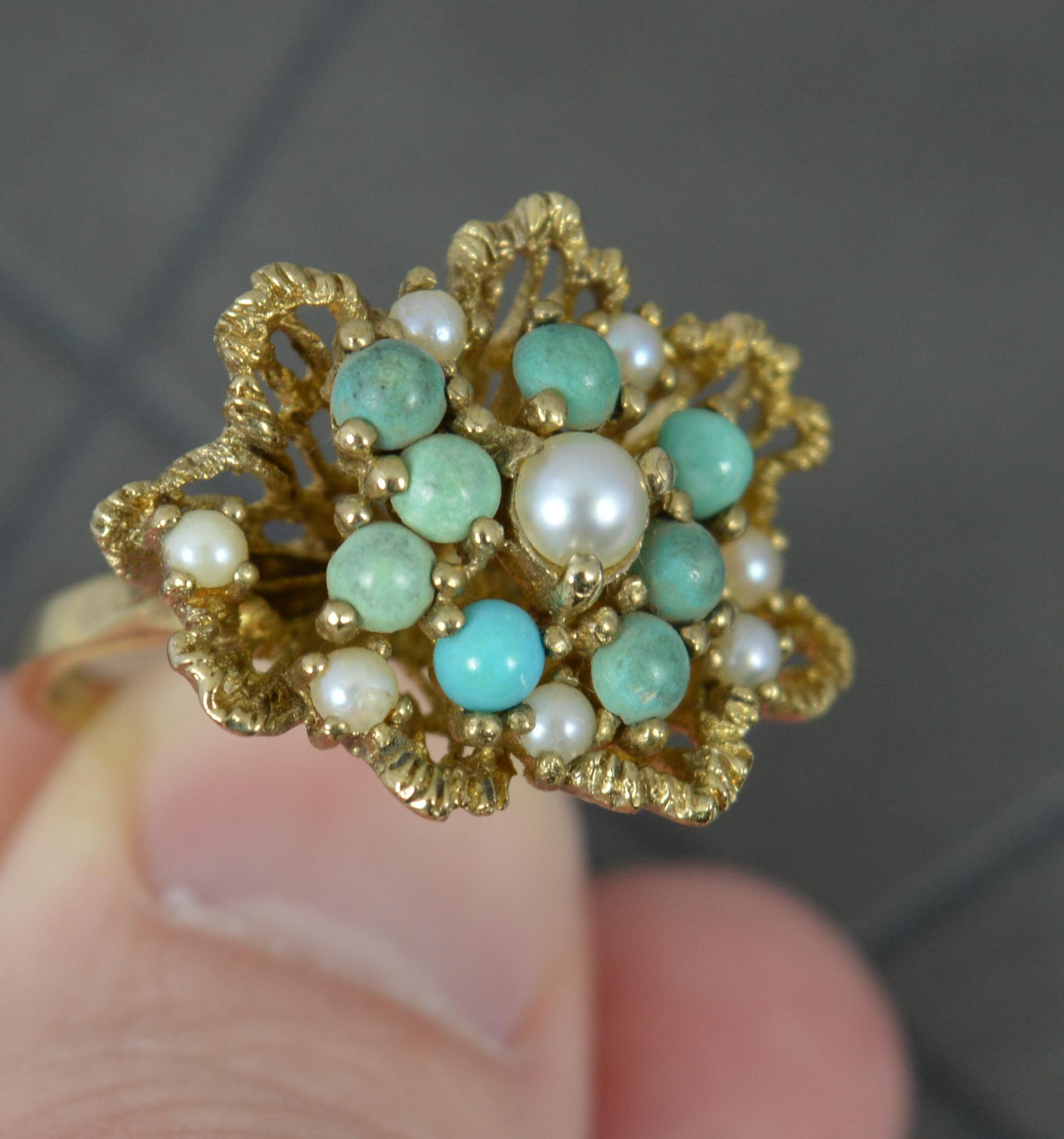 Superb Pearl and Turquoise 9 Carat Gold Retro Statement Ring For Sale 2