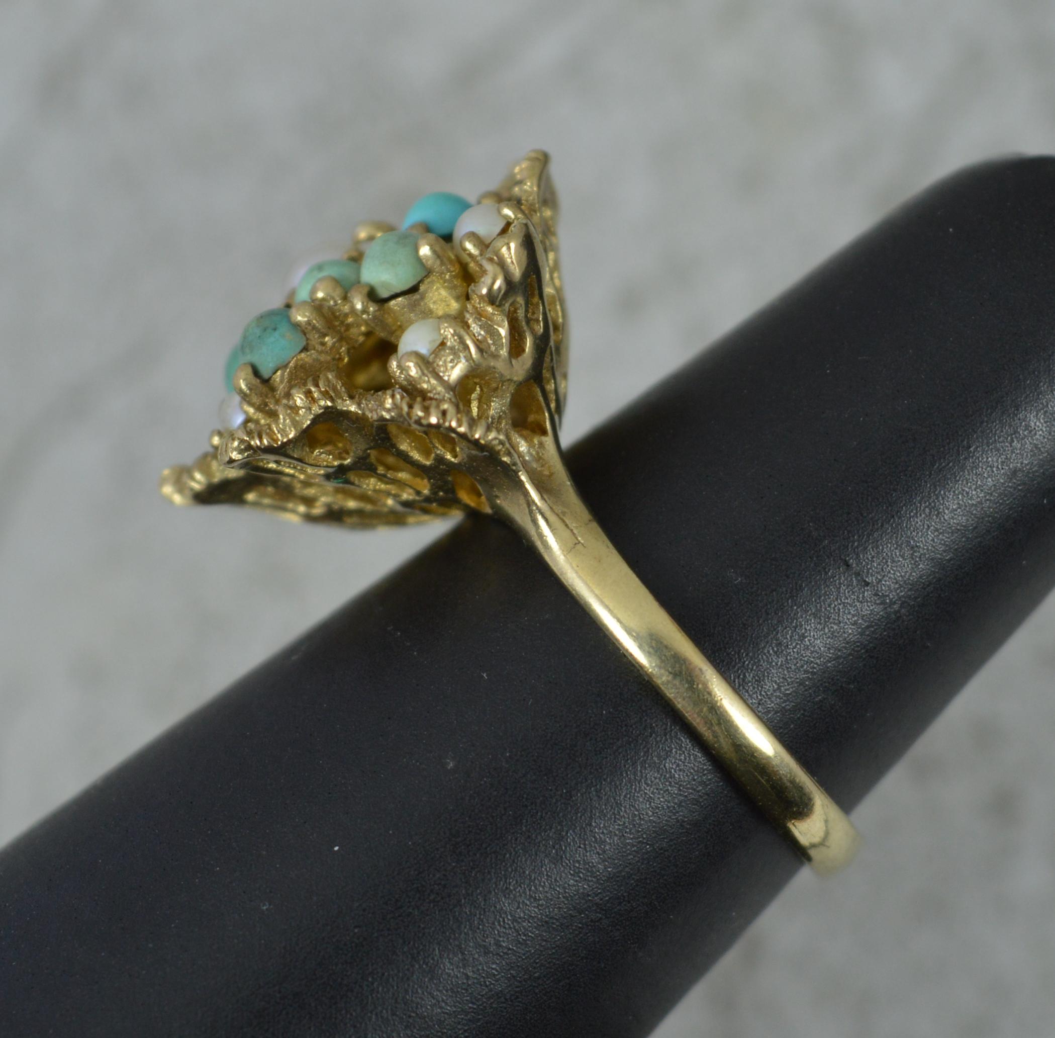 Superb Pearl and Turquoise 9 Carat Gold Retro Statement Ring For Sale 3