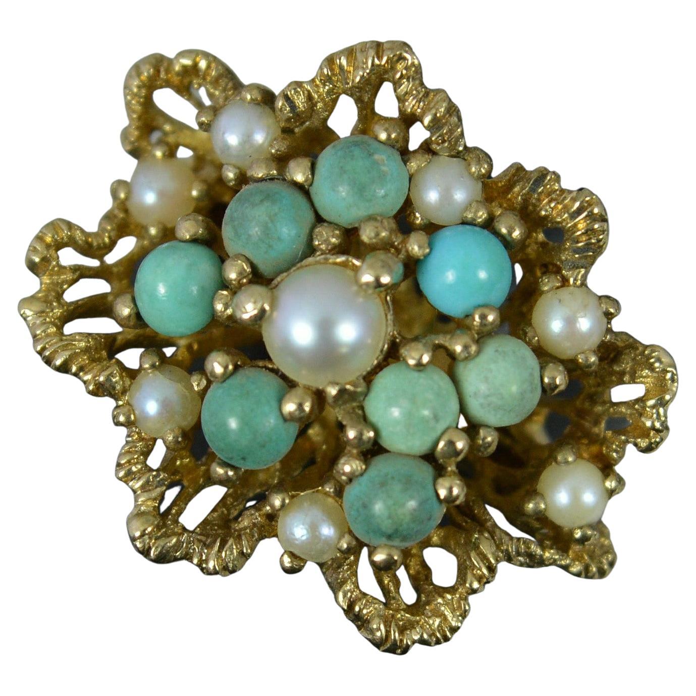 Superb Pearl and Turquoise 9 Carat Gold Retro Statement Ring