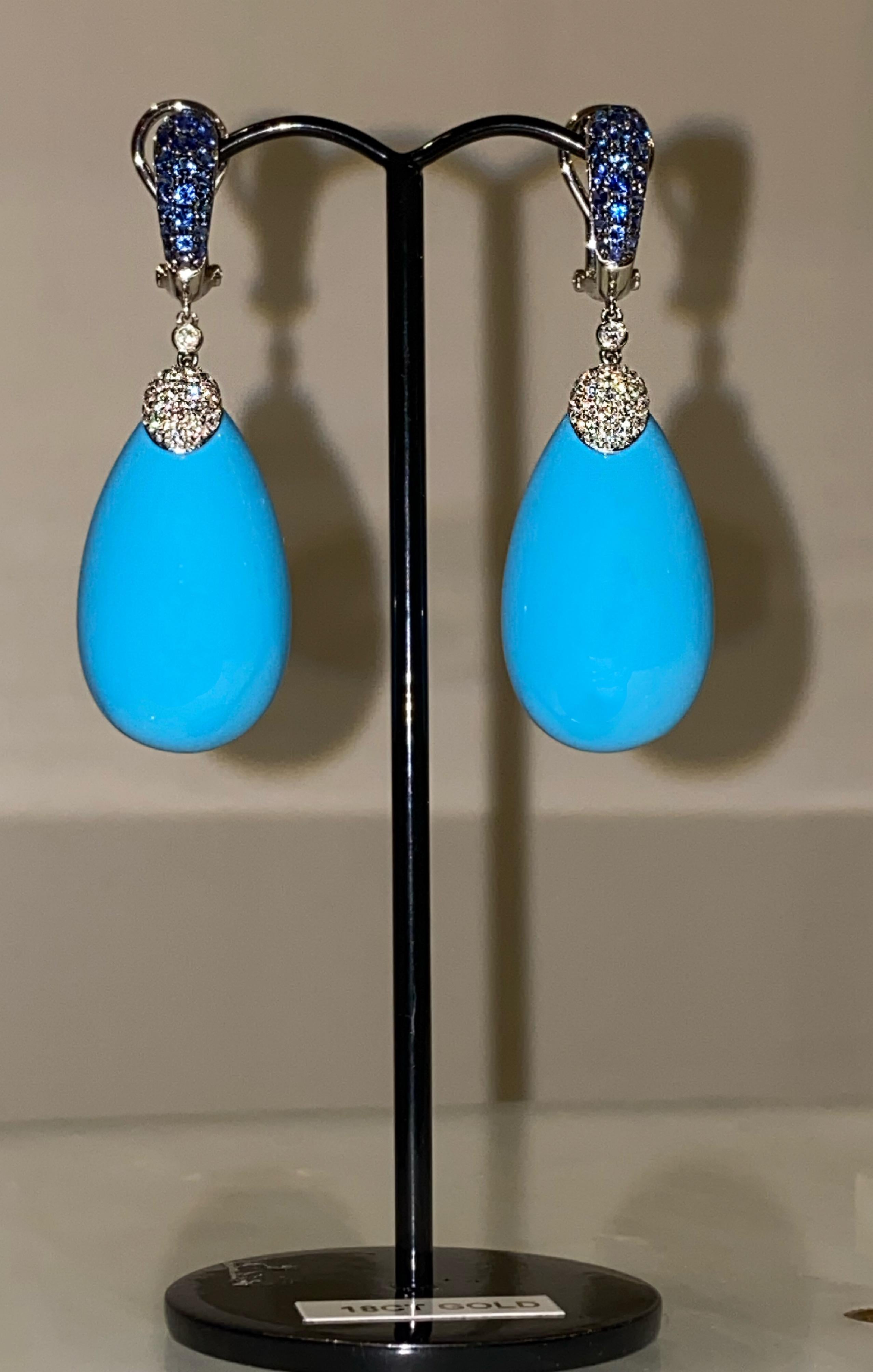 Superb Persian Blue Turquoise Sapphire & Diamond Pendant Earrings in 18K Gold 4