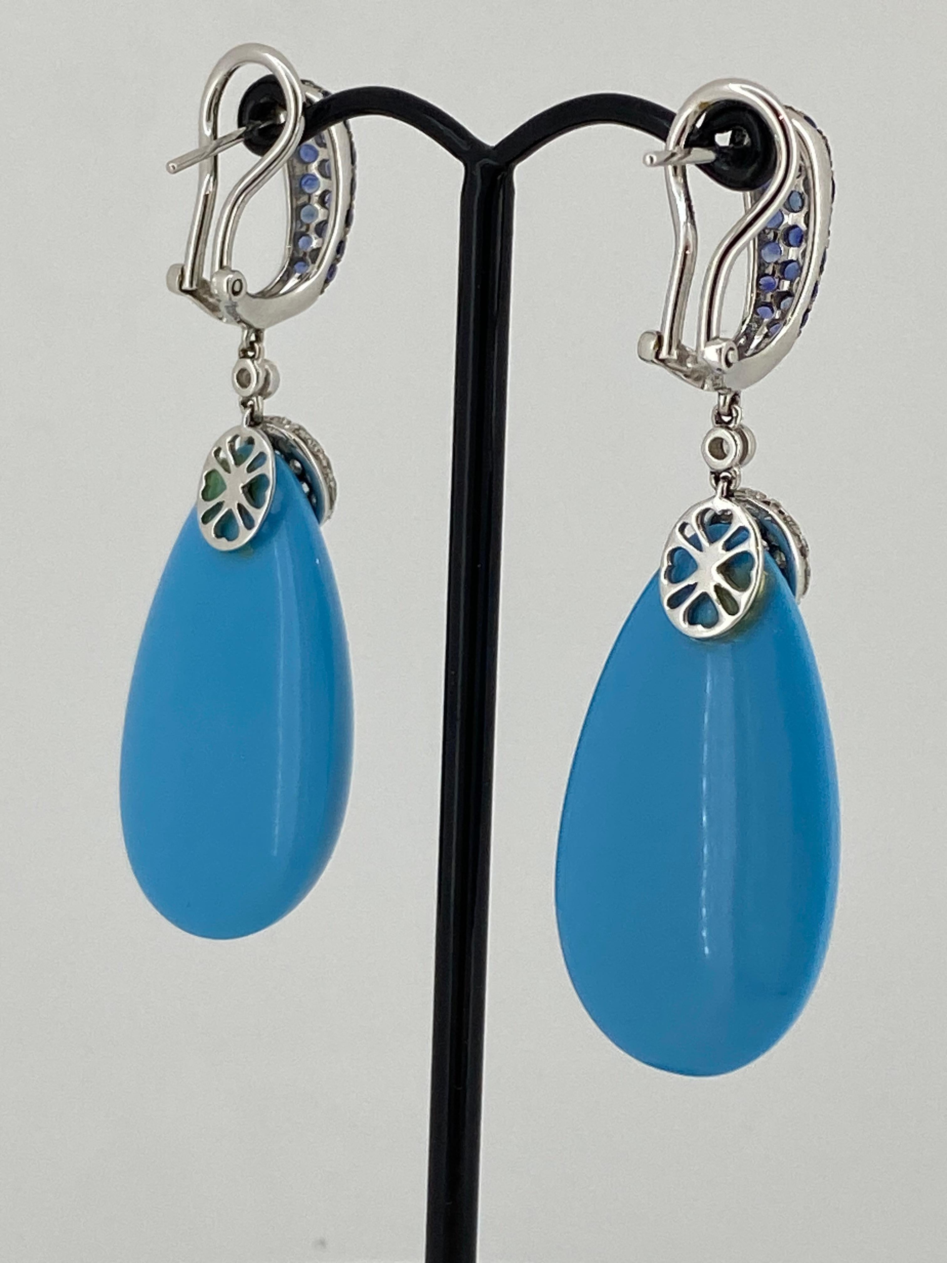Retro Superb Persian Blue Turquoise Sapphire & Diamond Pendant Earrings in 18K Gold