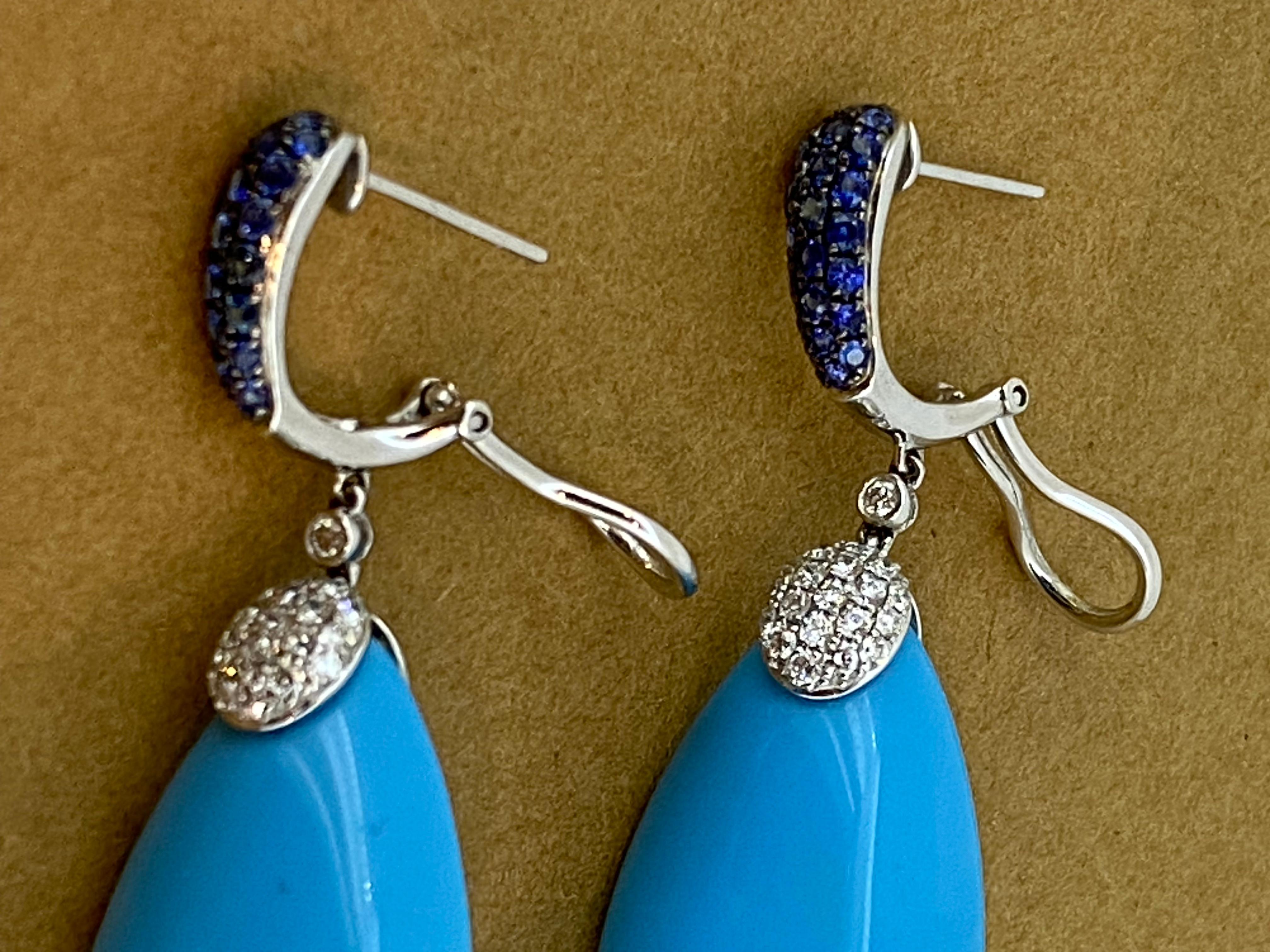 Pear Cut Superb Persian Blue Turquoise Sapphire & Diamond Pendant Earrings in 18K Gold