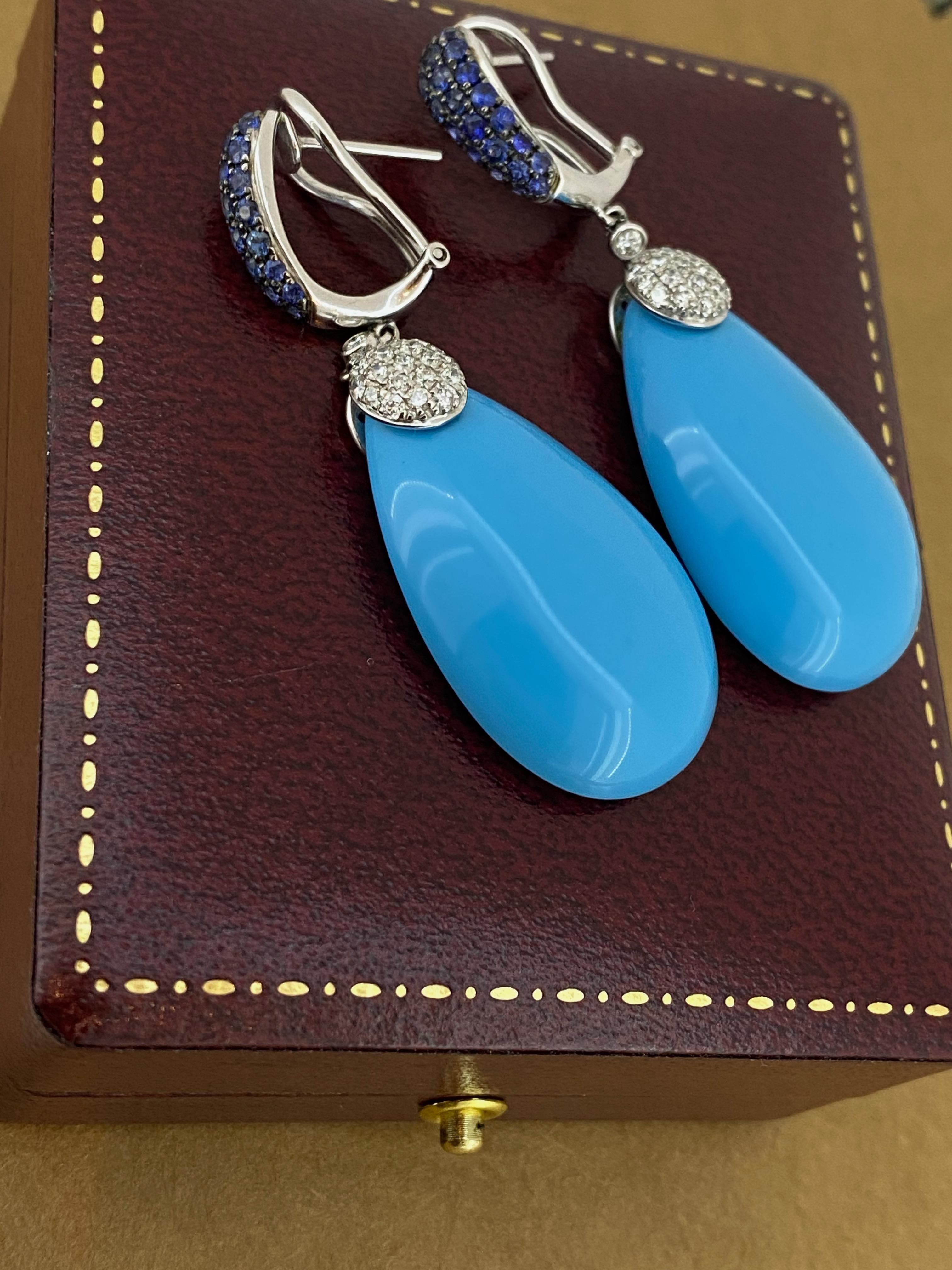 Women's Superb Persian Blue Turquoise Sapphire & Diamond Pendant Earrings in 18K Gold