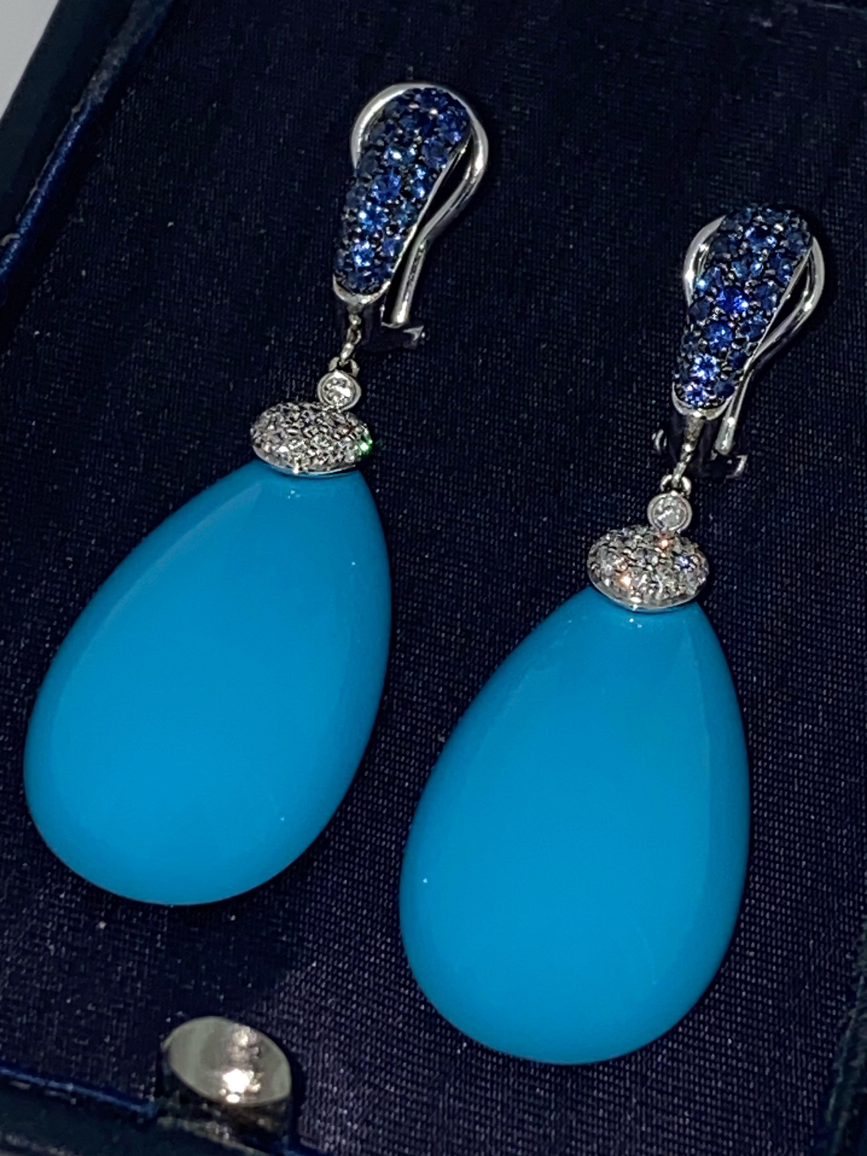 Superb Persian Blue Turquoise Sapphire & Diamond Pendant Earrings in 18K Gold 1