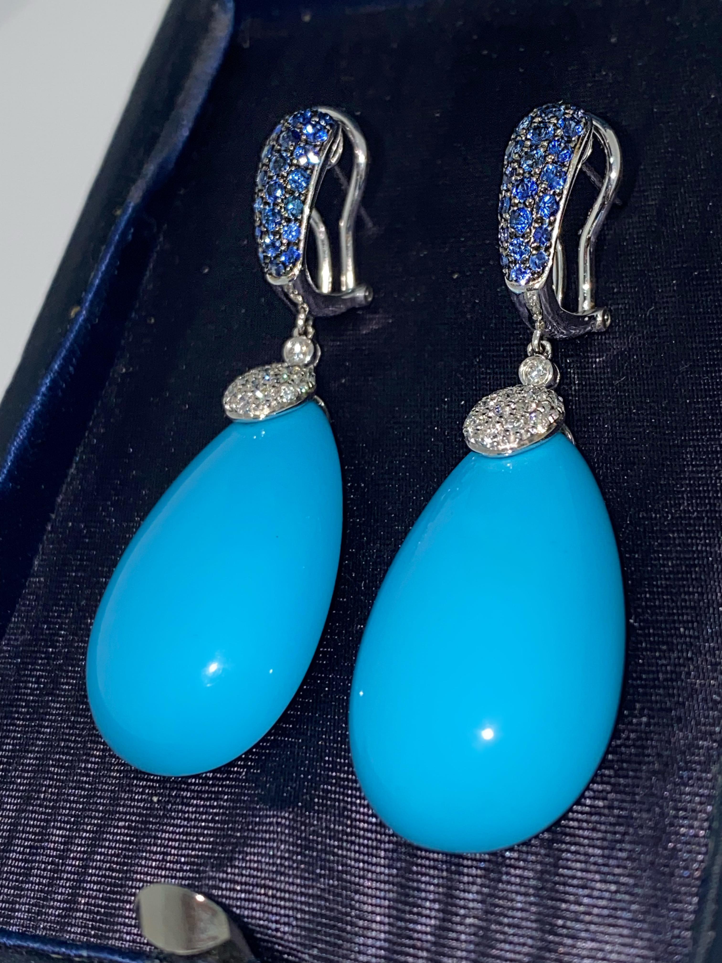 Superb Persian Blue Turquoise Sapphire & Diamond Pendant Earrings in 18K Gold 2