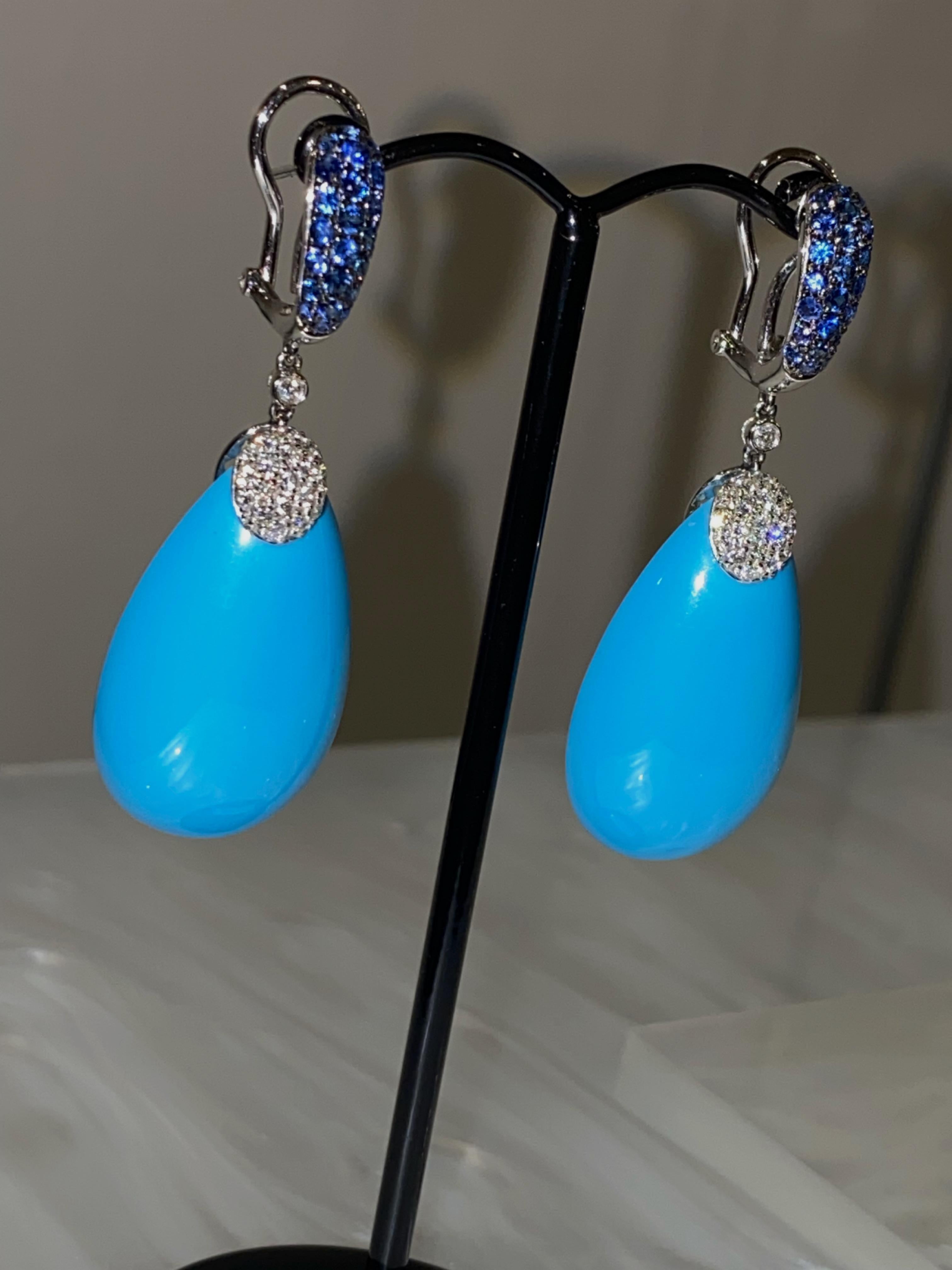 Superb Persian Blue Turquoise Sapphire & Diamond Pendant Earrings in 18K Gold 3
