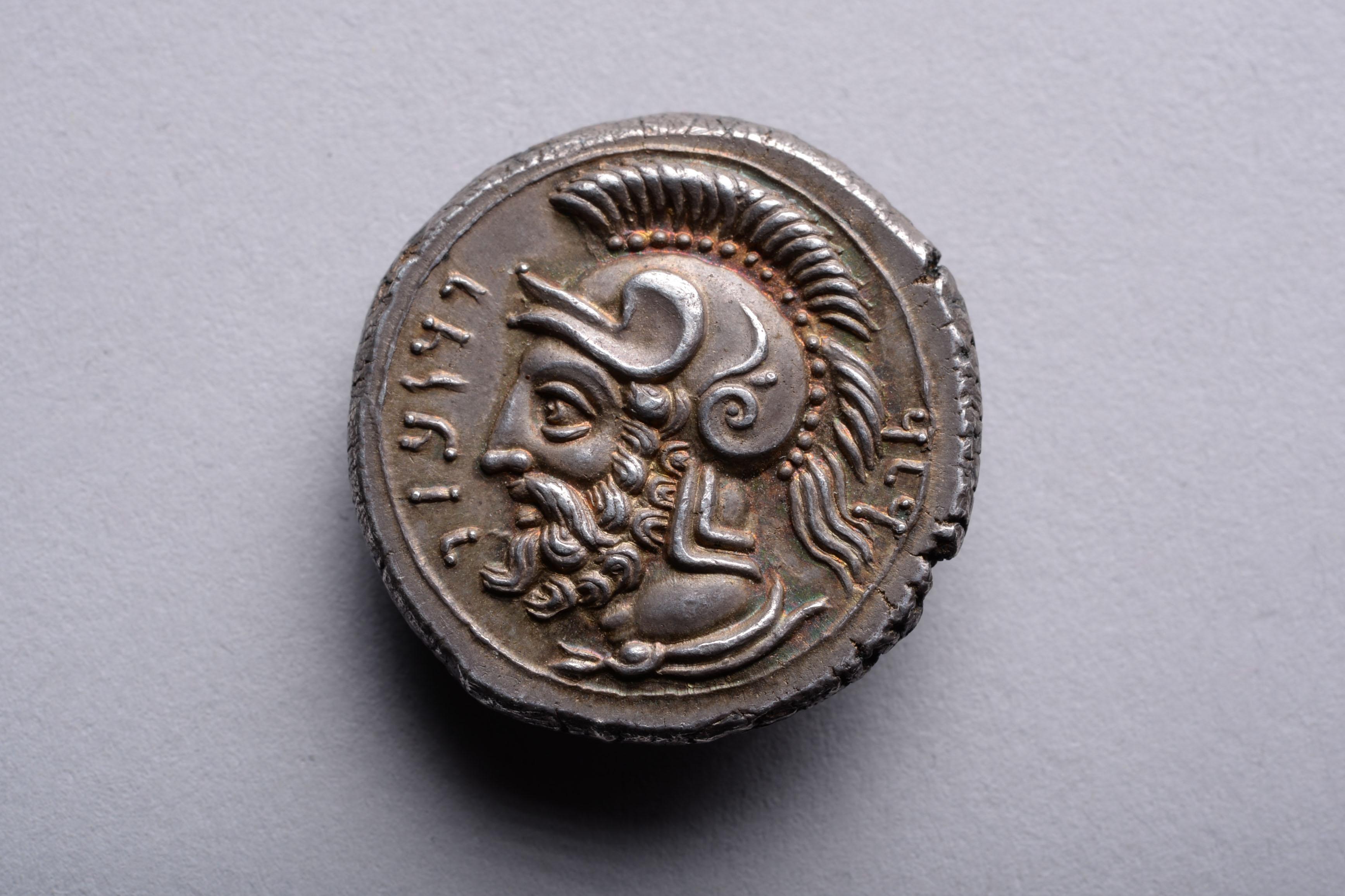 One of the finest known silver staters minted under the mysterious Persian military commander Pharnabazos II, in the city of Tarsos, Cilicia, modern-day Turkey.

The obverse with the tutelary deity of Tarsos, Baaltars (