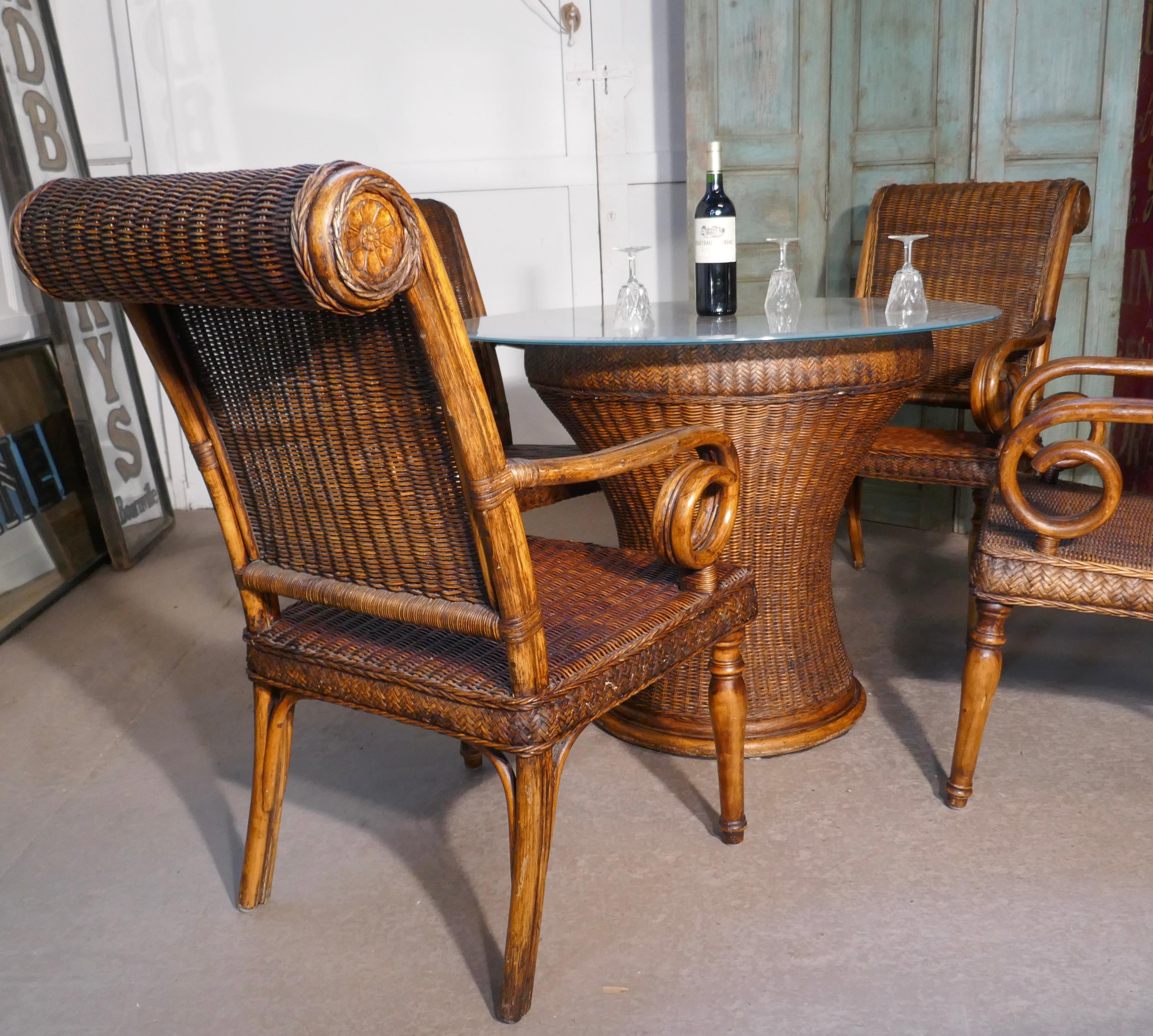 Colonial Revival Superb Plantation or Bistro Set of 4 Cane and Bentwood Armchairs and Table