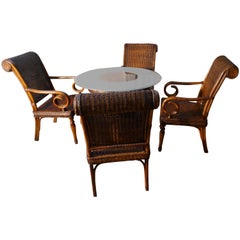 Retro Superb Plantation or Bistro Set of 4 Cane and Bentwood Armchairs and Table